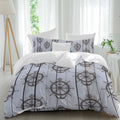Summer Coastal Duvet Cover Set Queen Size 4 Pieces Nautical Brown Anchor Rudder Ocean Gray Wood Grain Bedding Set with Zipper Closure, 1 Comforter Cover 86x86 Inches 1 Flat Sheet & 2 Pillow Cases