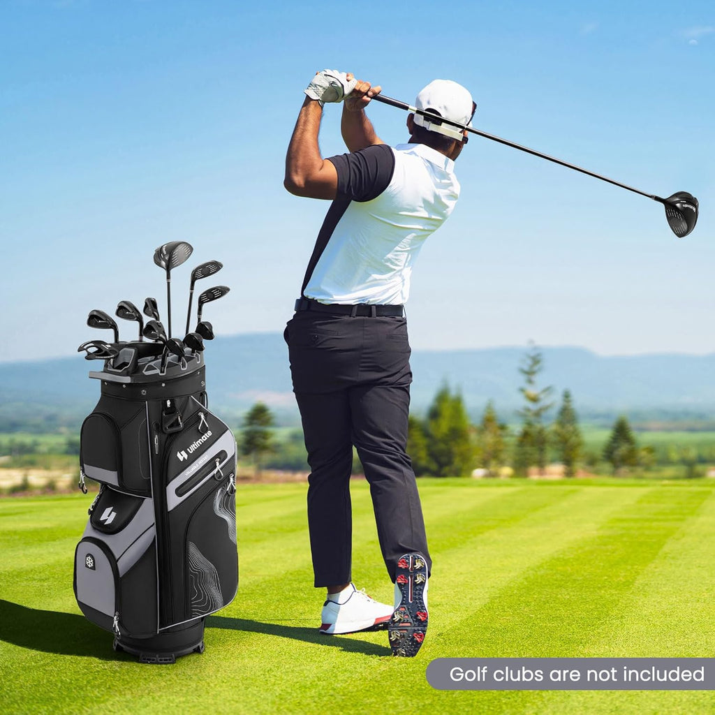 ULTIMATE 14-Way Golf Cart Bag, Golf Bag w/Molded Lock Top & Full Length Dividers, Portable Golf Club Bag w/11 Pockets, Cooler Bag, Padded Strap & Rain Hood for Men Women