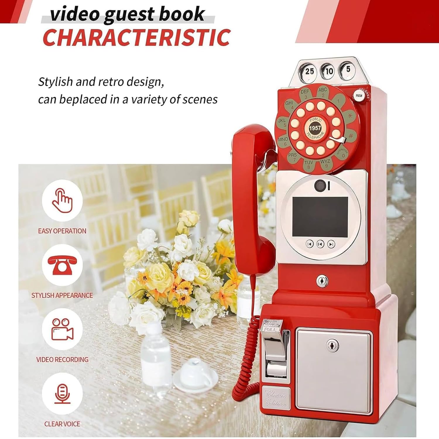 1080P Video Audio GuestBook Wedding Phone, 64G SD Card Customized Video Audio Guest Book Alternatives with Lens Recording for Birthday Party Anniversary Engagement Red