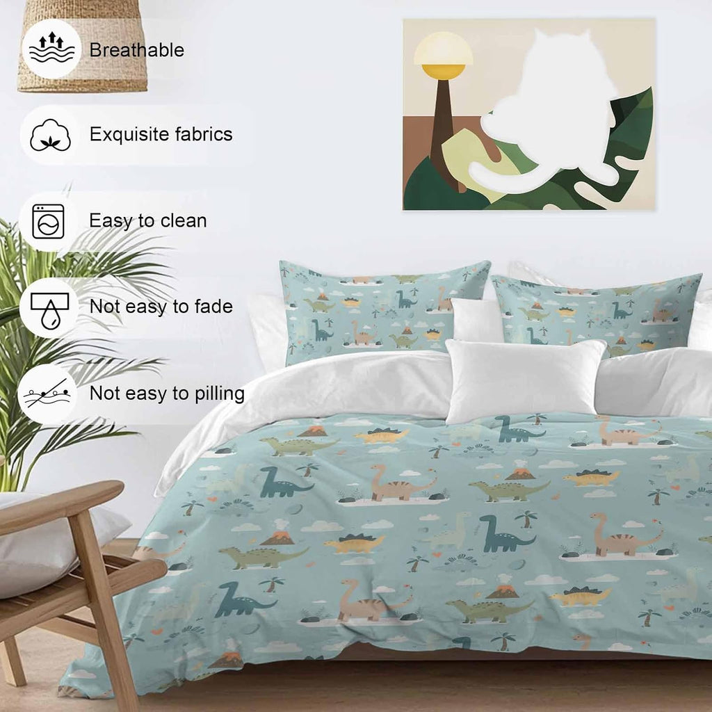Green Cute Dinosaurs Duvet Cover Set Queen Size 4 Pieces Lovely Colorful Cartoon Animals Tree Cloud Bedding Set with Zipper Closure, 1 Comforter Cover 90x92 Inches 1 Flat Sheet & 2 Pillow Cases