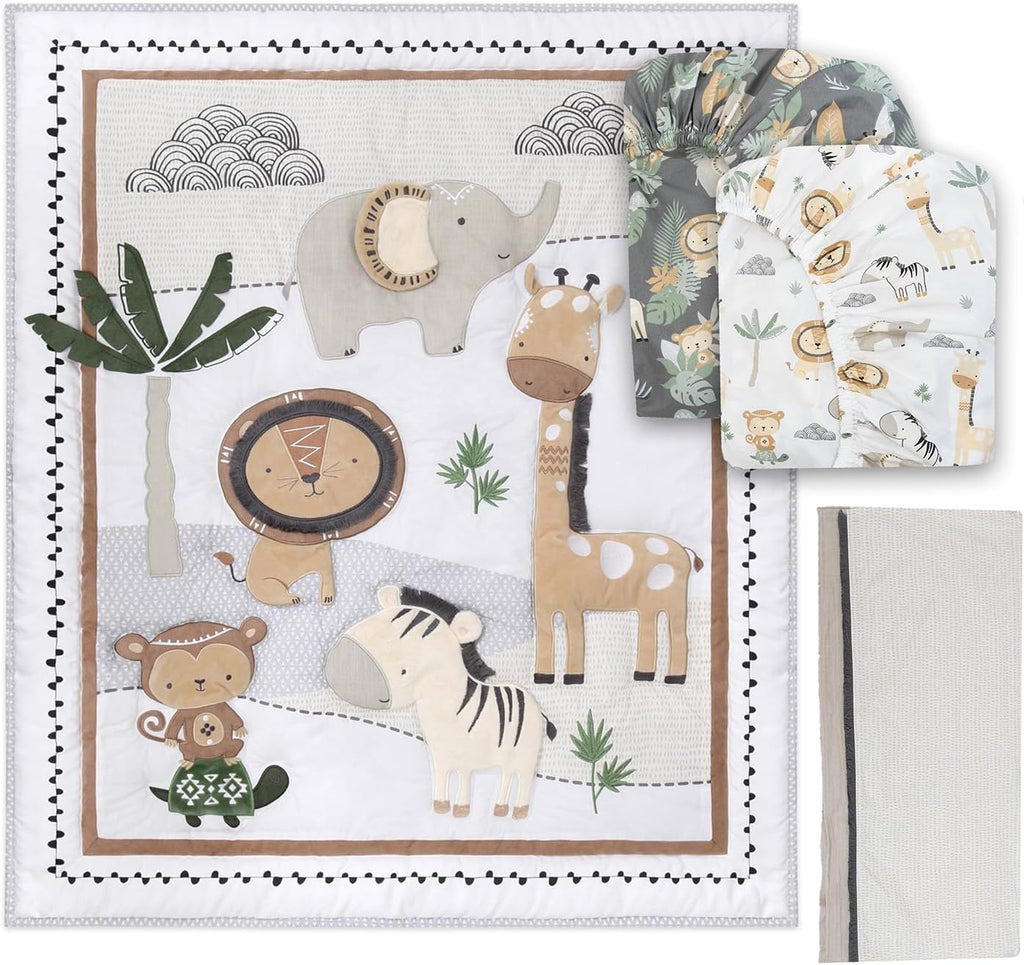 The Peanutshell 4 Piece Organic Cotton Baby Crib Bedding Set for Boys & Girls - Newborn, Infant & Toddler Nursery Bed Set Decor with Two Crib Sheets, Dust Ruffle Comforter - Safari Serenity