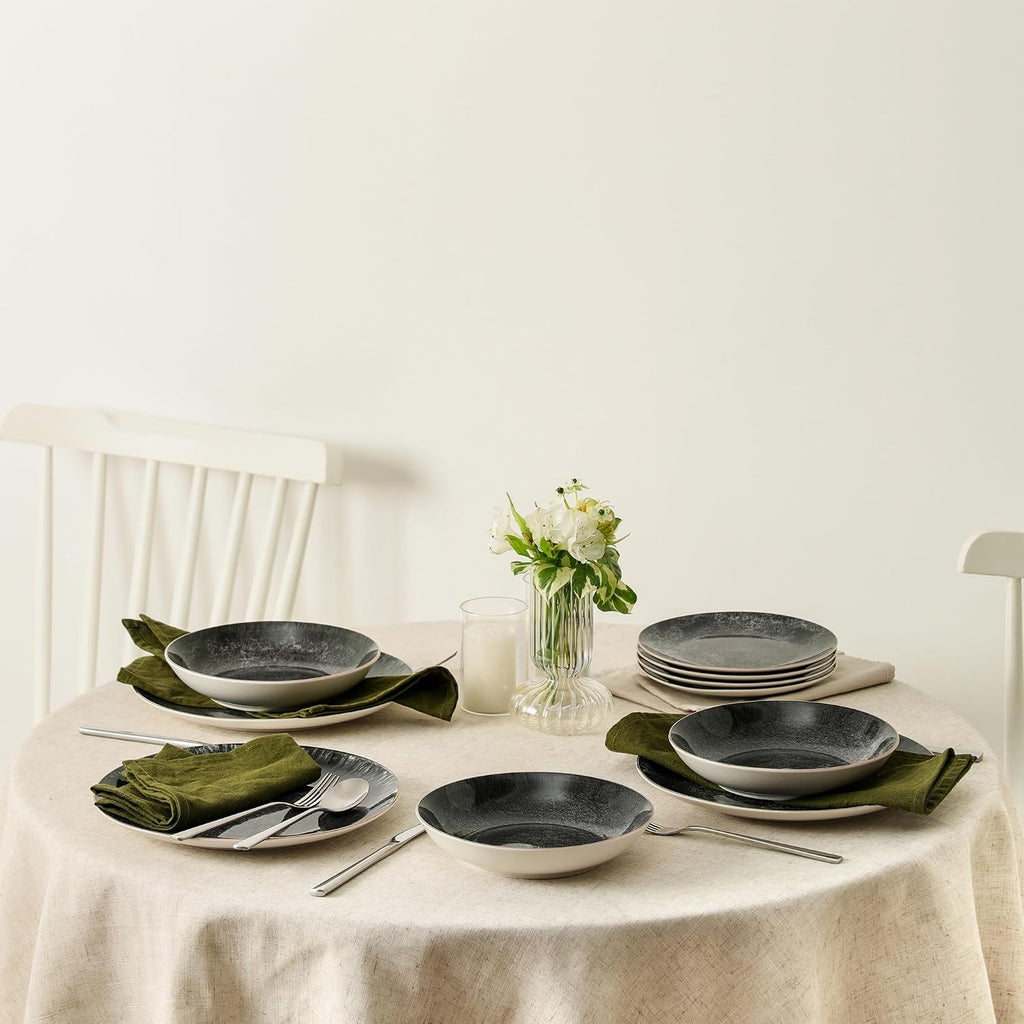 Christian Siriano Onyx 24-Piece Dinnerware Set Porcelain, Plates and Bowls Set, Hand Wash Dish, Dish Set for 8, Black and Gold