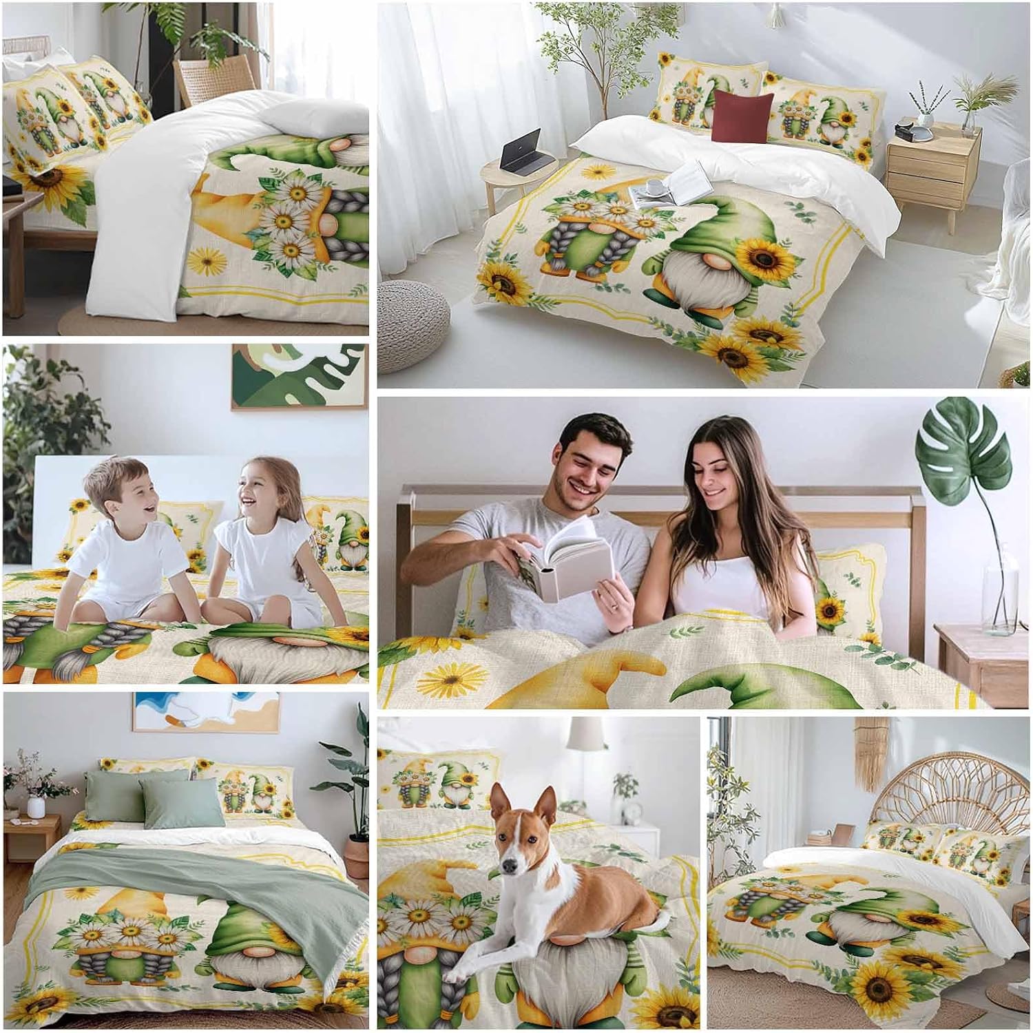 Prime Leader Summer Dwarfs Duvet Cover Set Queen Size 4 Pieces Yellow Sunflower Daisy Field Plant Vintage Bedding Set with Zipper Closure, 1 Comforter Cover 90x92 Inches 1 Flat Sheet & 2 Pillow Cases