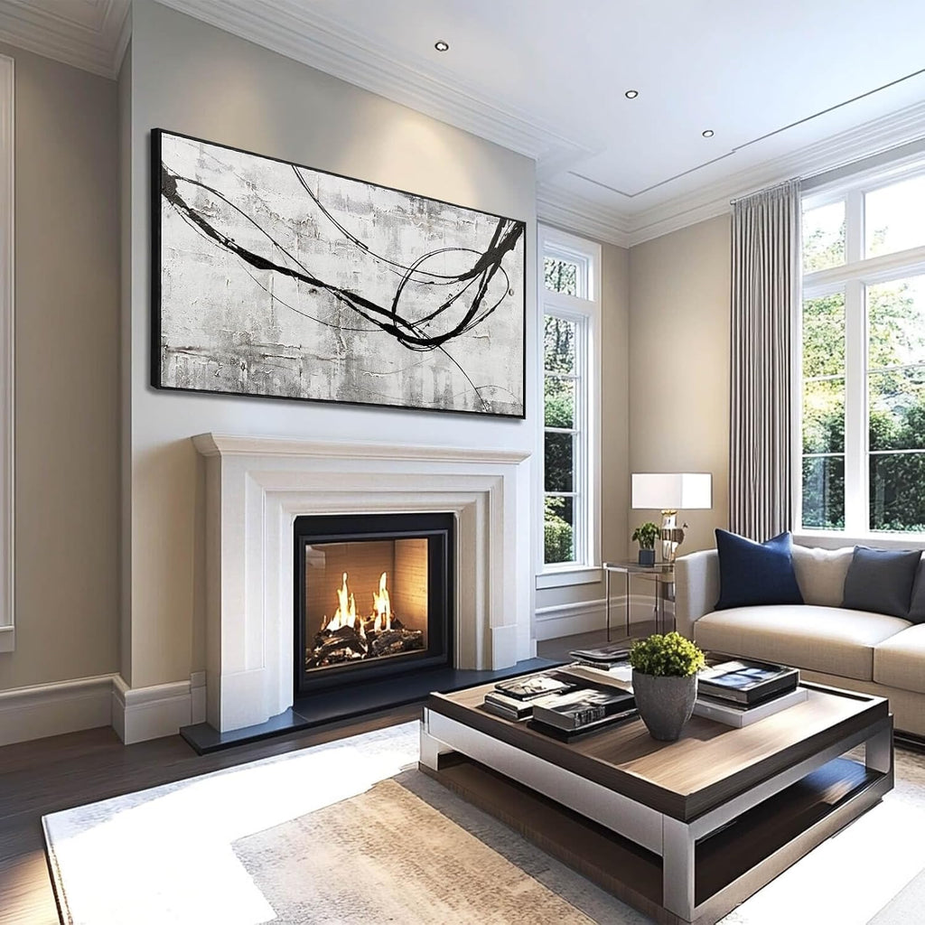XIANSHOU Black Line Canvas Pictures Gray Decorative Painting 29'x58' Wood Wall Art Modern Art Prints Abstract Wall Art for Living Room Wall Pictures for Bedroom