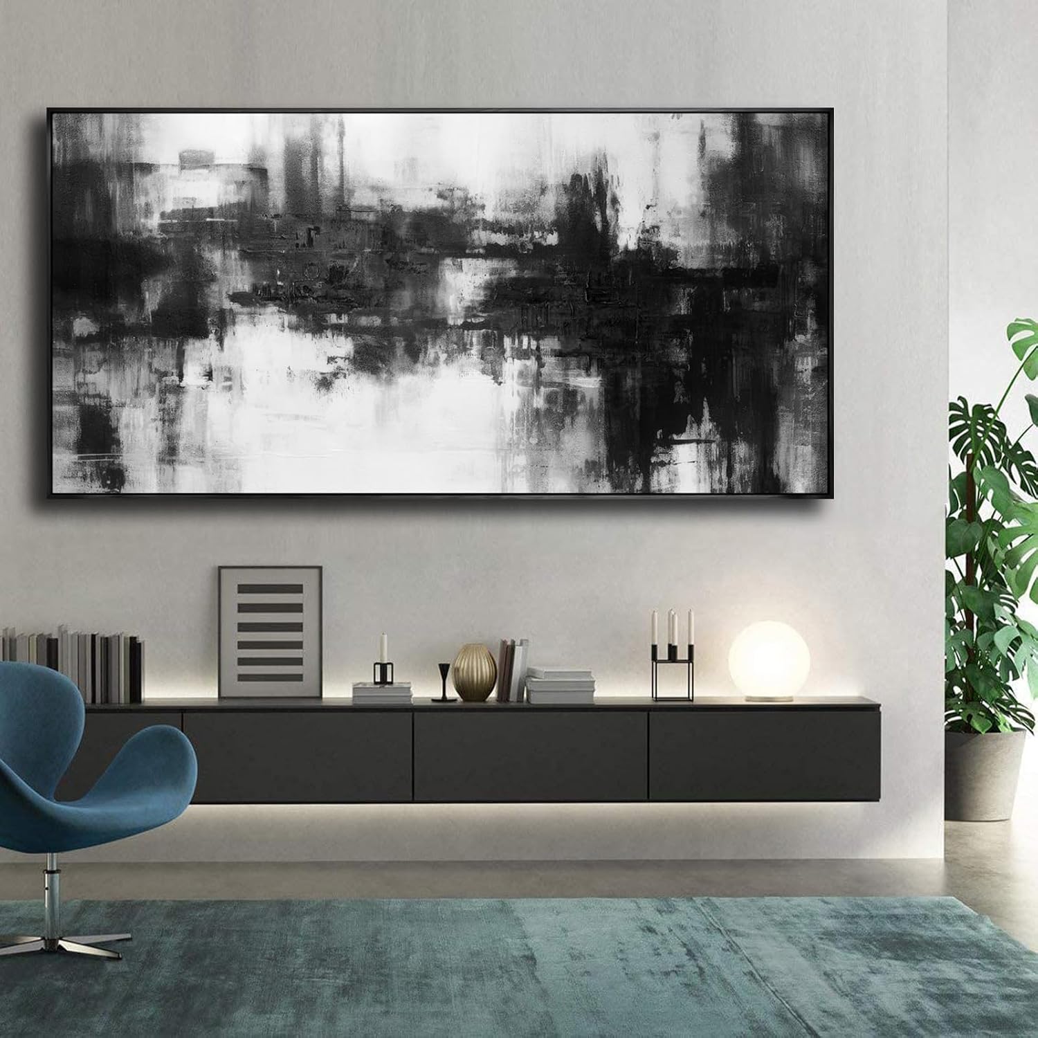 Abstract Wall Art Large Size Framed Home Artwork Decor Black and White Modern Minimalist Canvas Painting Living Room Decor for Bedroom Office Wall Decor 29'x58'