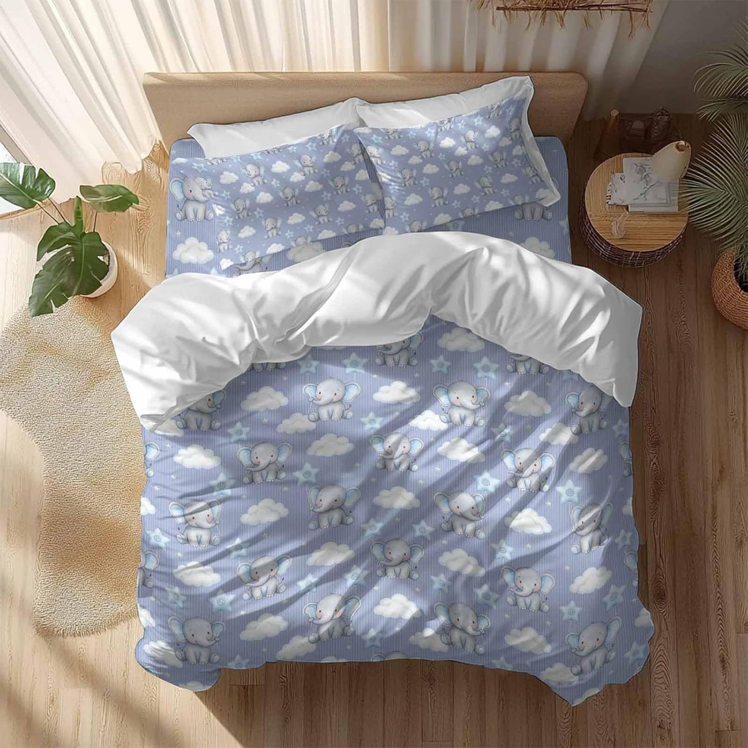 Blue Dreamy Elephant Duvet Cover Set Queen Size 4 Pieces Cartoon Animal Cloud Stars Fairytale Style Bedding Set with Zipper Closure, 1 Comforter Cover 86x86 Inches 1 Flat Sheet & 2 Pillow Cases