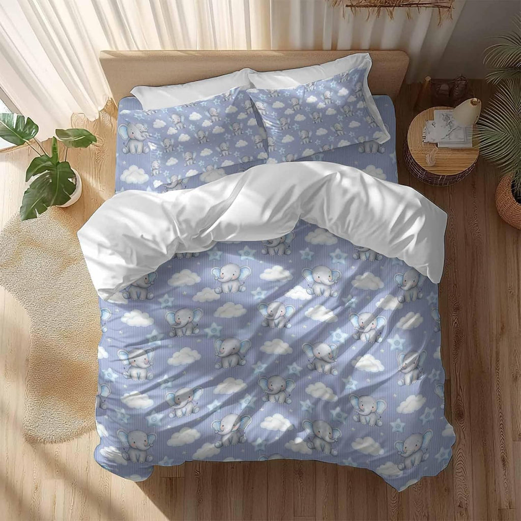 Blue Dreamy Elephant Duvet Cover Set Queen Size 4 Pieces Cartoon Animal Cloud Stars Fairytale Style Bedding Set with Zipper Closure, 1 Comforter Cover 90x92 Inches 1 Flat Sheet & 2 Pillow Cases