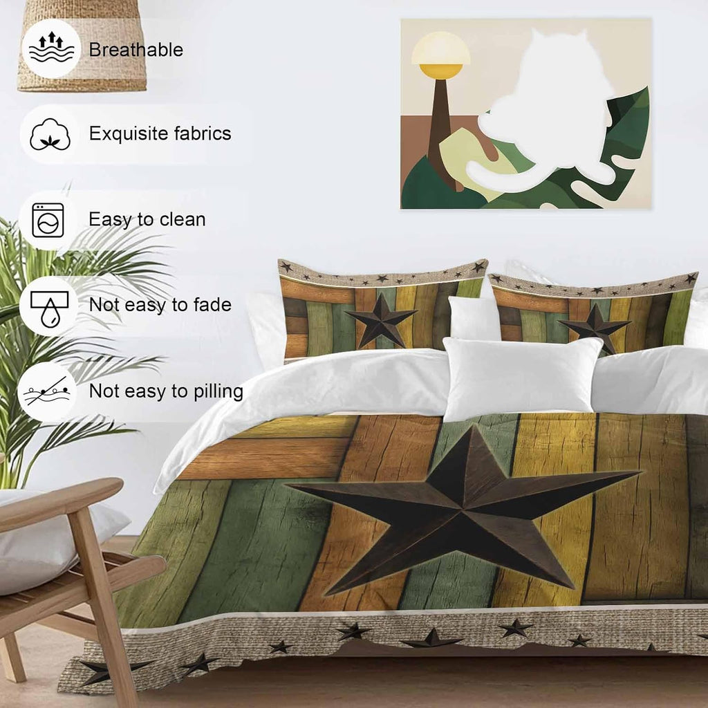 Texas Star Duvet Cover Set Queen Size 4 Pieces Retro Chic Western Texas Star Pattern Wooden Grain Bedding Set with Zipper Closure, 1 Comforter Cover 86x86 Inches 1 Flat Sheet & 2 Pillow Cases
