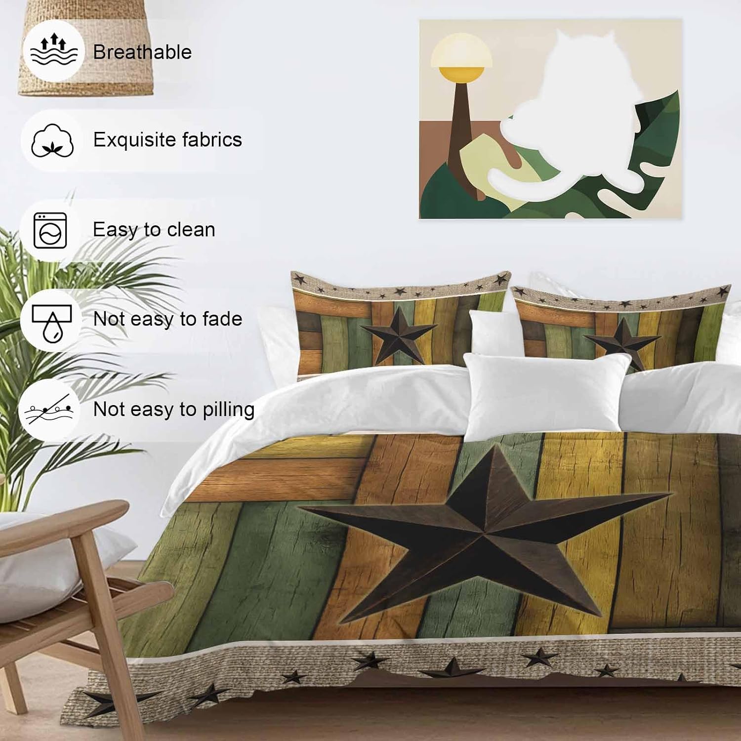 Texas Star Duvet Cover Set Queen Size 4 Pieces Retro Chic Western Texas Star Pattern Wooden Grain Bedding Set with Zipper Closure, 1 Comforter Cover 86x86 Inches 1 Flat Sheet & 2 Pillow Cases