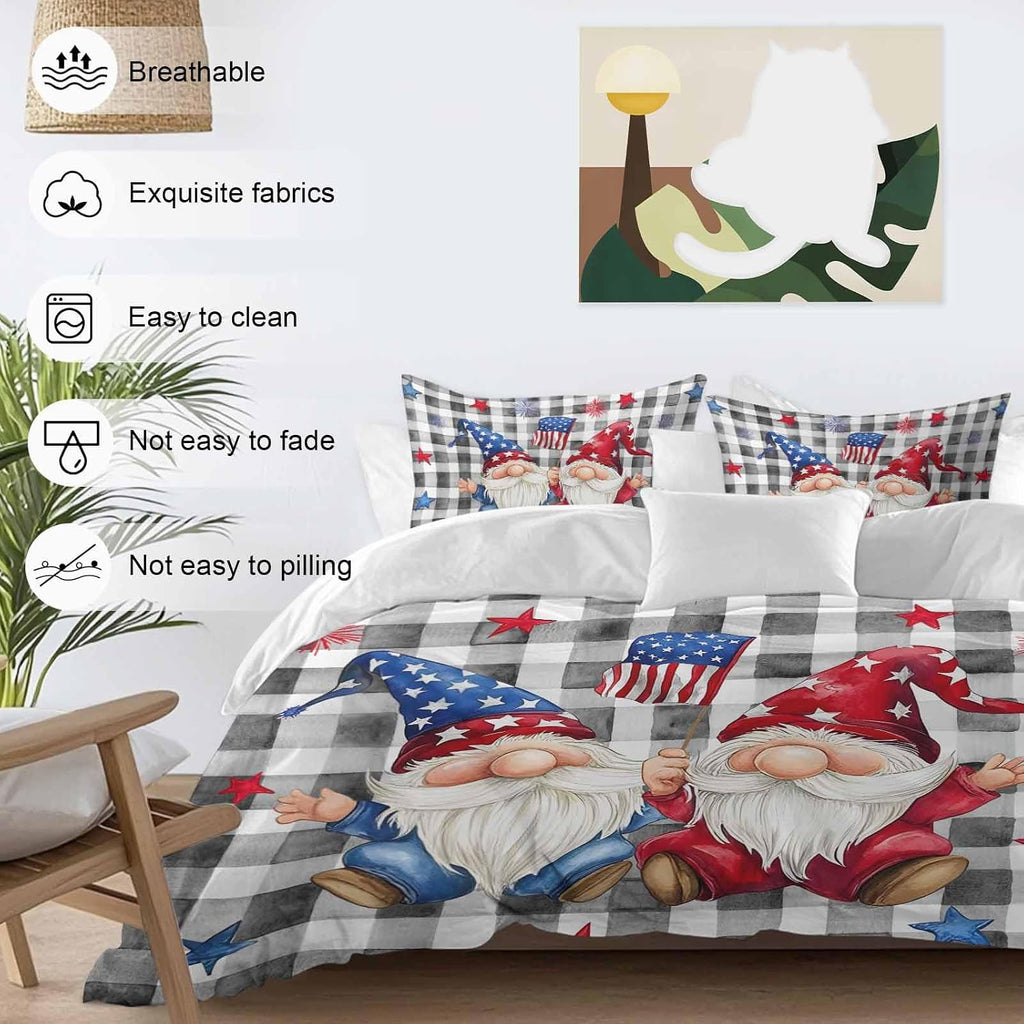 Prime Leader Independence Day Duvet Cover Set Queen Size 4 Pieces Patriotic Gnomes USA Flag Black Plaid Bedding Set with Zipper Closure, 1 Comforter Cover 86x86 Inches 1 Flat Sheet & 2 Pillow Cases