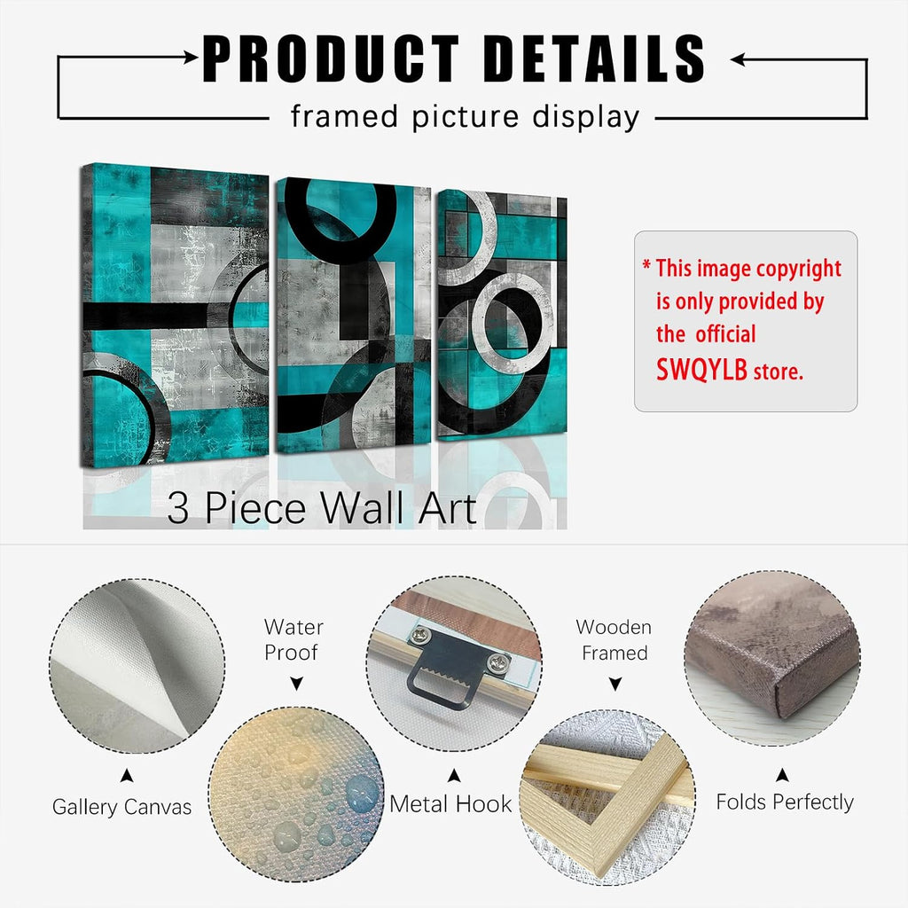 SWQYLB Teal Abstract Wall Art Blue and Gray Canvas Print 3 Pieces Abstract Geometric Circle Black Gray Painting for Home Office Decor Framed (Teal, 24.00' x 36.00' x 3PCS)