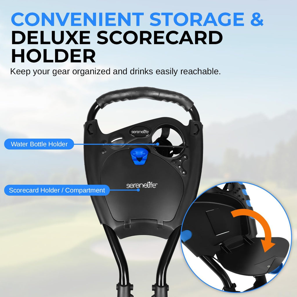 SereneLife Golf Cart Lightweight Foldable Golf Push Cart - Aluminum Folding Trolley with Adjustable Handle, Elastic Bag Straps, Dual Brakes, Scorecard & Cup Holders for Easy Maneuverability