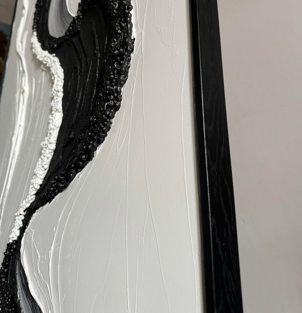 Boiee Art,24x36Inch Abstract Hand Painted Textured Ocean Wave Art on Canvas Minimalist Oil Painting Vertical Modern Black Simply White Framed Artwork