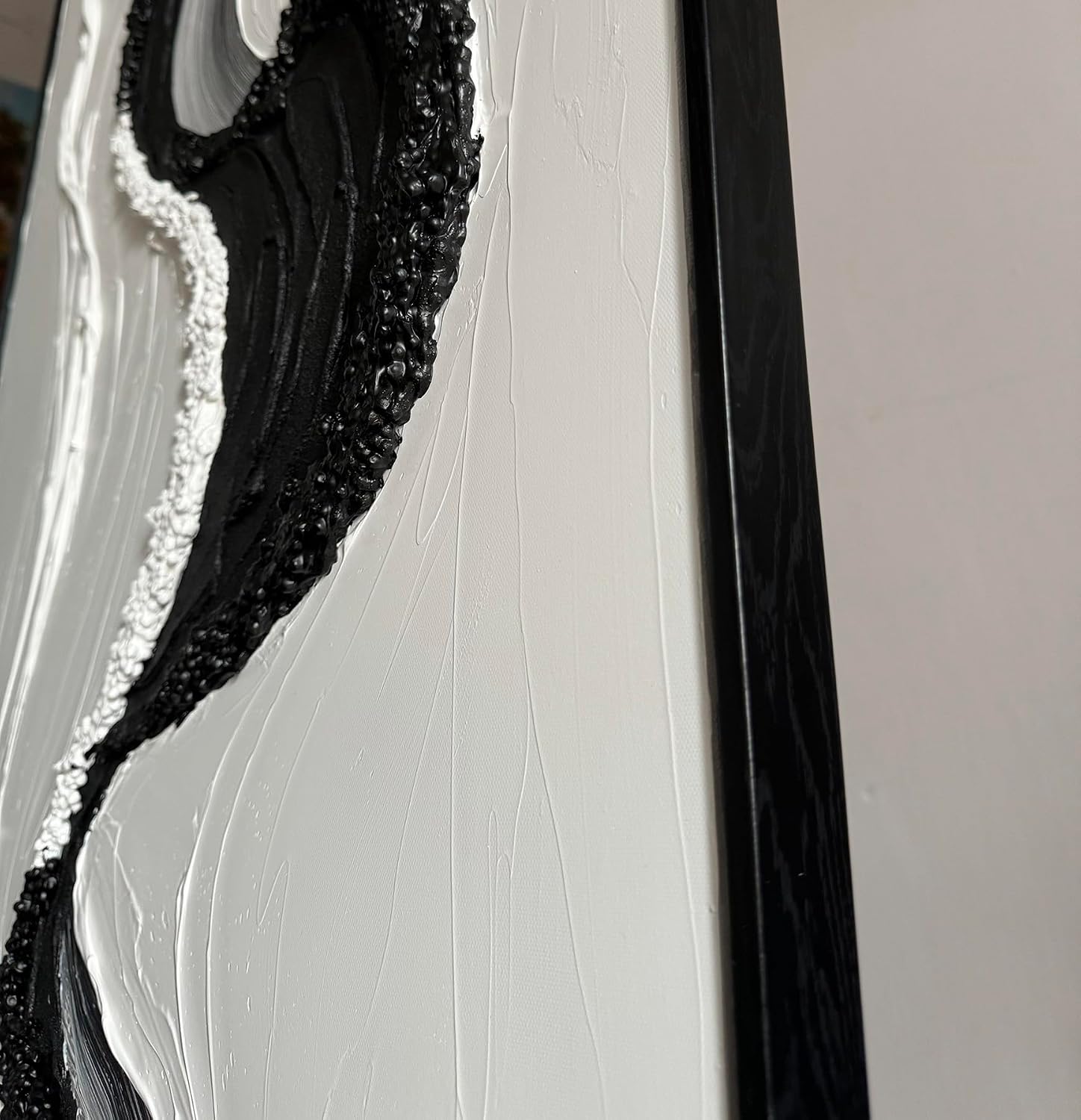 Boiee Art,24x36Inch Abstract Hand Painted Textured Ocean Wave Art on Canvas Minimalist Oil Painting Vertical Modern Black Simply White Framed Artwork
