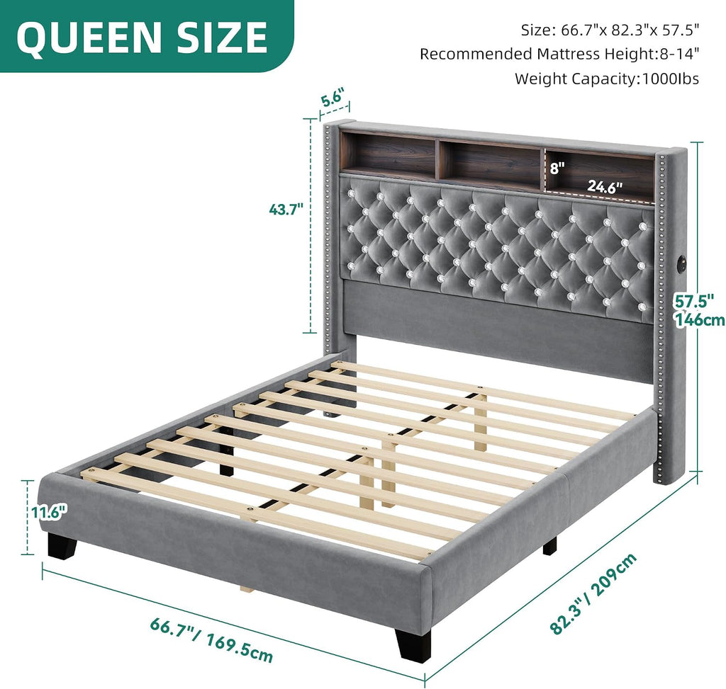 YITAHOME Queen Size Bed Frame with 58' Tall Headboard, Storage Headboard Bed with USB Charging Stations, Type-C Port, Velvet Upholstered Beds with Deep Button Tufted, No Box Spring Needed, Grey