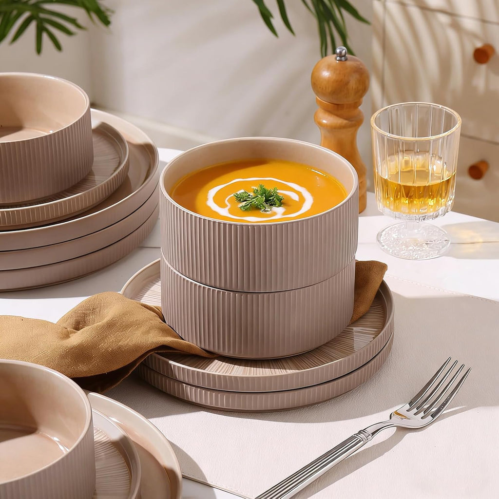 Dinnerware Sets, Ceramic Plates and Bowls Set 24 Piece Dinnerware for 8 Chip Resistant Stoneware with Advanced Inkjet Printing Technology, Dishwasher and Microwave Safe-Dusty Brown