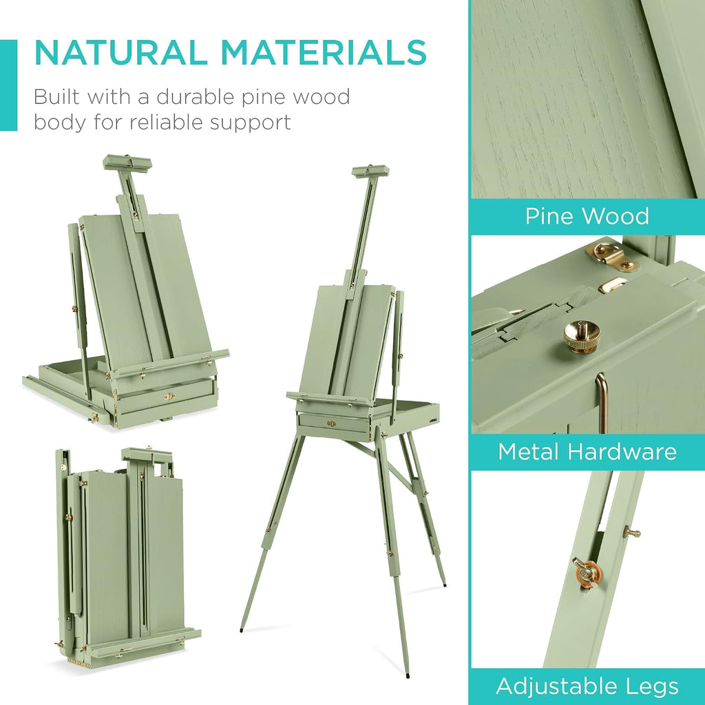 Best Choice Products Art Easel for Painting, Portable Wooden Adjustable Artist Tripod with Sketch Box, 32-Piece Art Set with Acrylic Paints, Brushes, Canvases & Palette - Sage Green