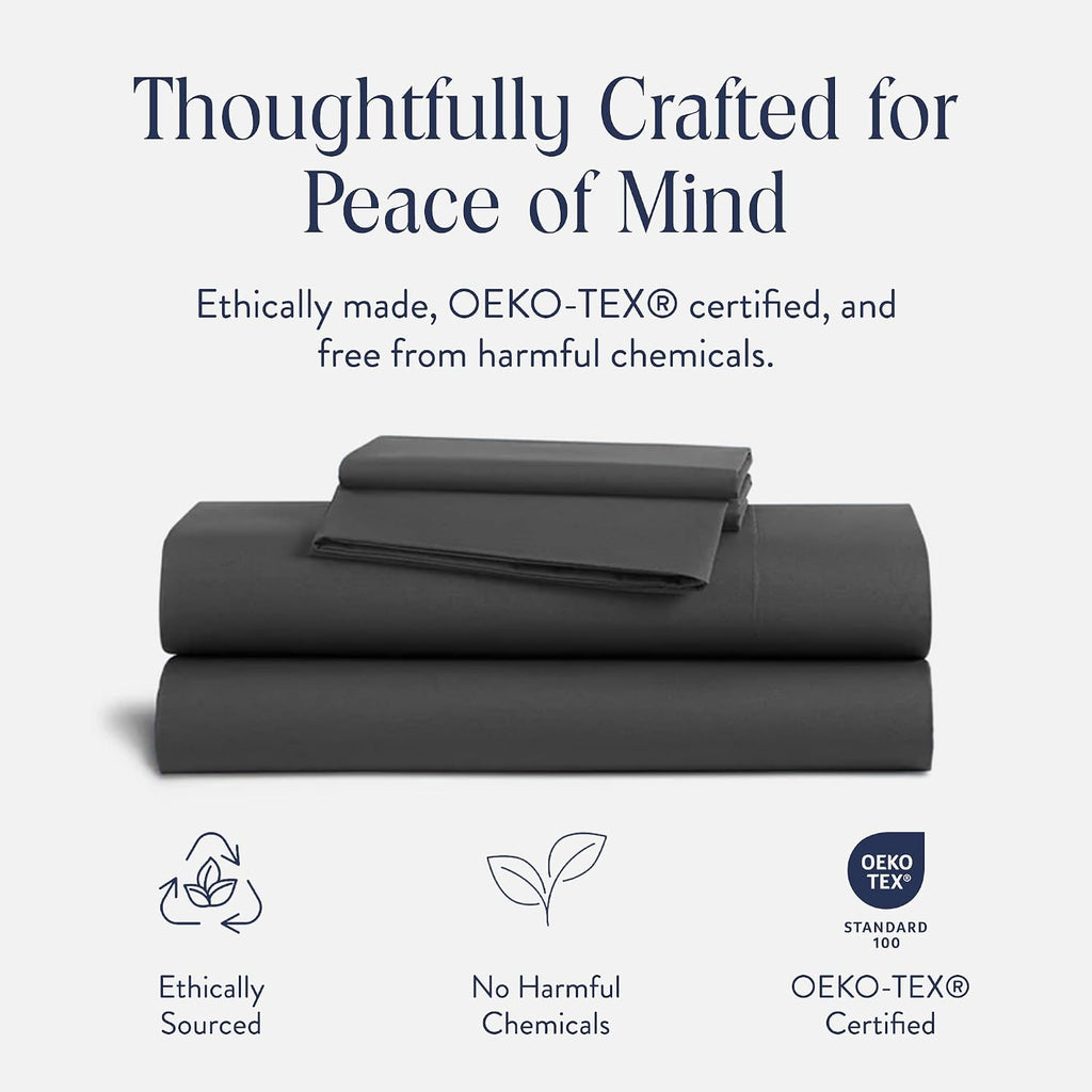 Brooklinen Luxury Sateen 4 Piece Sheet Set - 100% Cotton Bed Sheets, Soft & Durable Queen Size Sheets Set in Slate Grey, Oeko-TEX Certified Bedding Set, 1 Fitted Sheet, 1 Flat Sheet, 2 Pillowcases