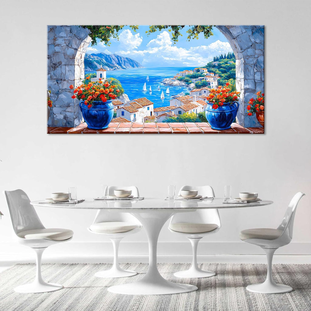 LAVIKARS Seascape Wall Art Navy blue Oil Painting Reproduction Print Modern window view Canvas Paintings Artwork Landscape Picture for Living Room Bedroom Home Kitchen Decor (28x58inch)