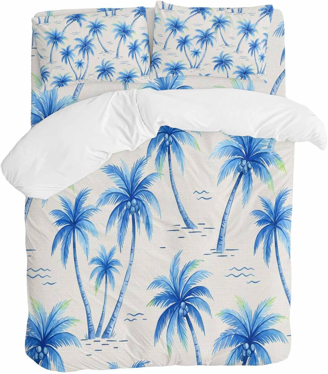 Tropical Plant Duvet Cover Set Queen Size 4 Pieces Blue Palm Trees Watercolor Tree Gradient Summer Bedding Set with Zipper Closure, 1 Comforter Cover 90x92 Inches 1 Flat Sheet & 2 Pillow Cases