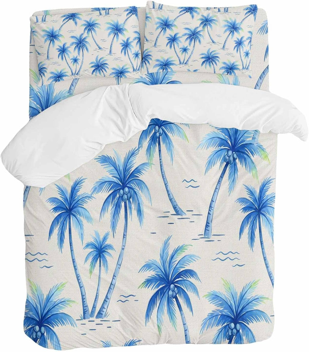 Tropical Plant Duvet Cover Set Queen Size 4 Pieces Blue Palm Trees Watercolor Tree Gradient Summer Bedding Set with Zipper Closure, 1 Comforter Cover 92x106 Inches 1 Flat Sheet & 2 Pillow Cases