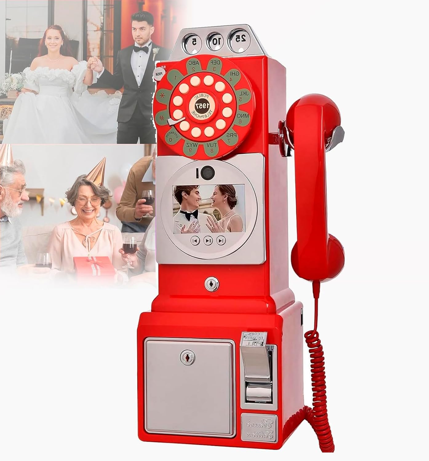 Video Audio Guest Book ，1080P HD Video Phone Guestbook with Lens Recording, for Wedding Bridal Shower, Birthday, Graduations，54x27x20cm (Red)