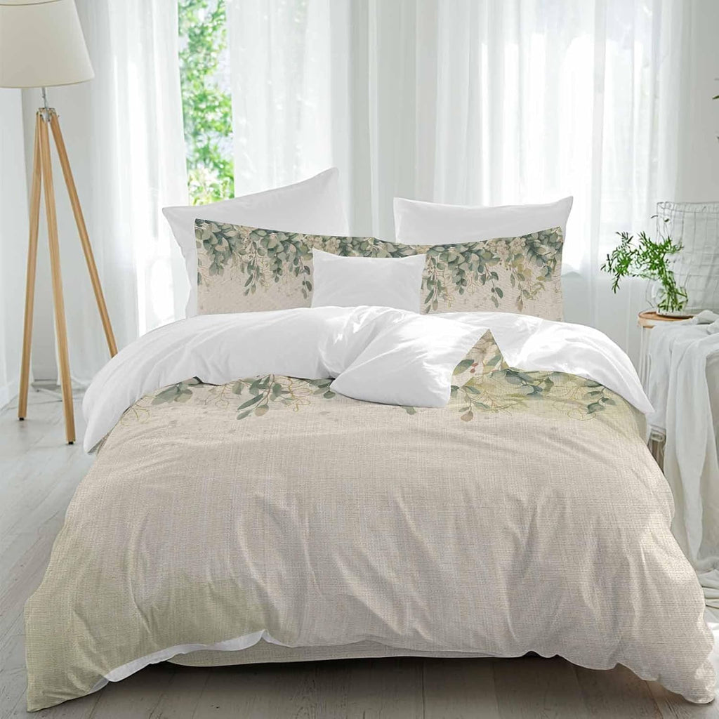 Prime Leader Green Eucalyptus Leaves Duvet Cover Set Queen Size 4 Pieces Flower Vintage Linen Texture Bedding Set with Zipper Closure, 1 Comforter Cover 92x106 Inches 1 Flat Sheet & 2 Pillow Cases