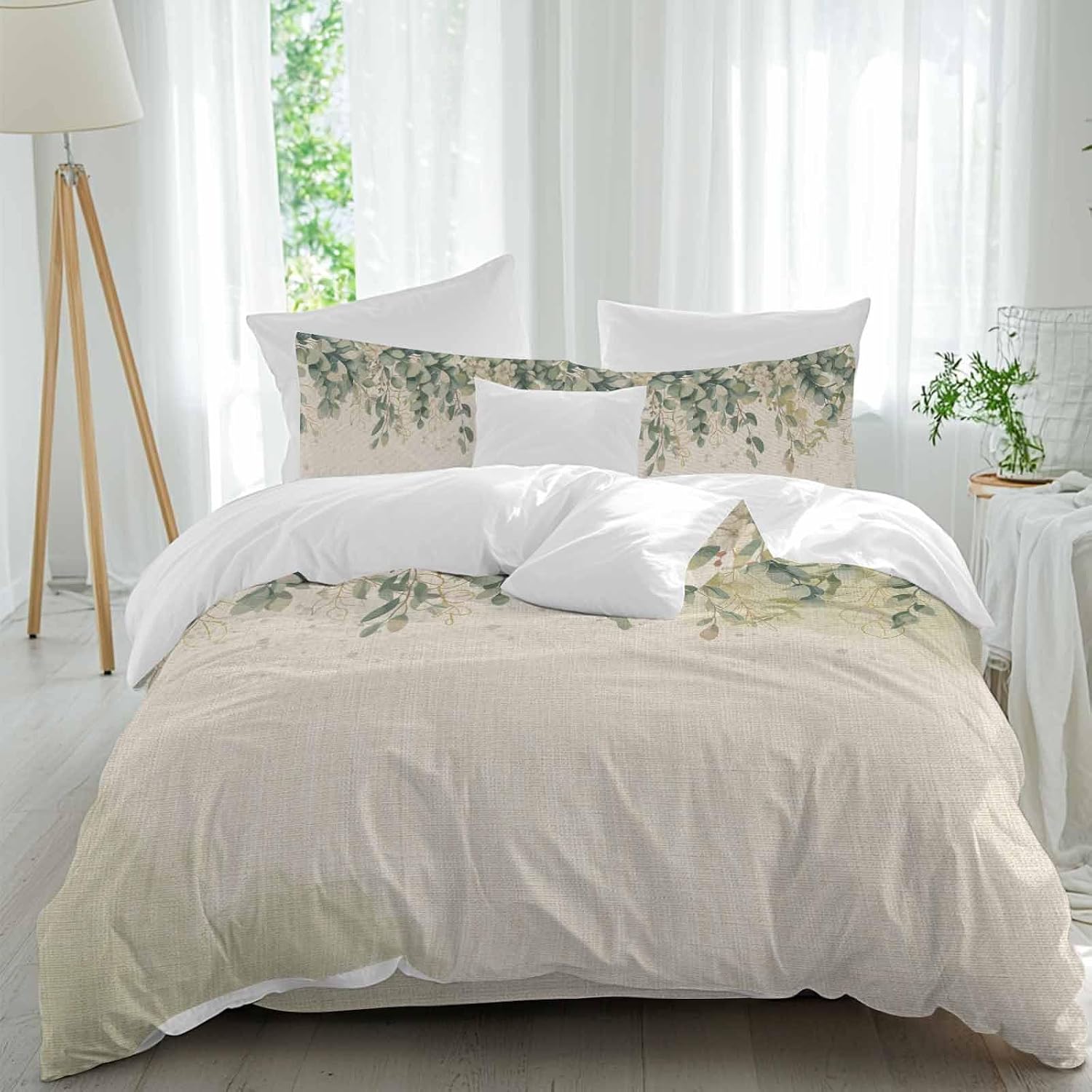 Prime Leader Green Eucalyptus Leaves Duvet Cover Set Queen Size 4 Pieces Flower Vintage Linen Texture Bedding Set with Zipper Closure, 1 Comforter Cover 92x106 Inches 1 Flat Sheet & 2 Pillow Cases