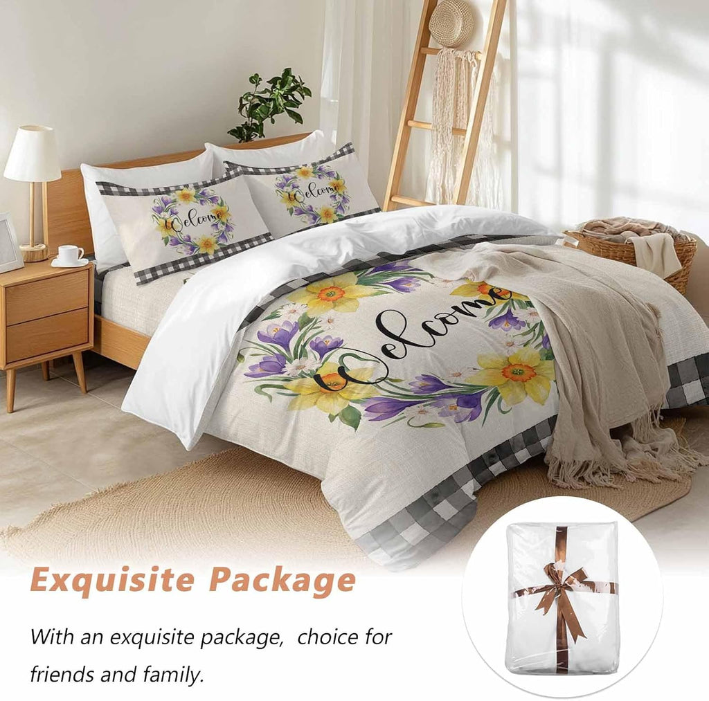 Welcome Duvet Cover Set Queen Size 4 Pieces Vintage Purple Yellow Floral Wreath Linen Texture Bedding Set with Zipper Closure, 1 Comforter Cover 86x86 Inches 1 Flat Sheet & 2 Pillow Cases