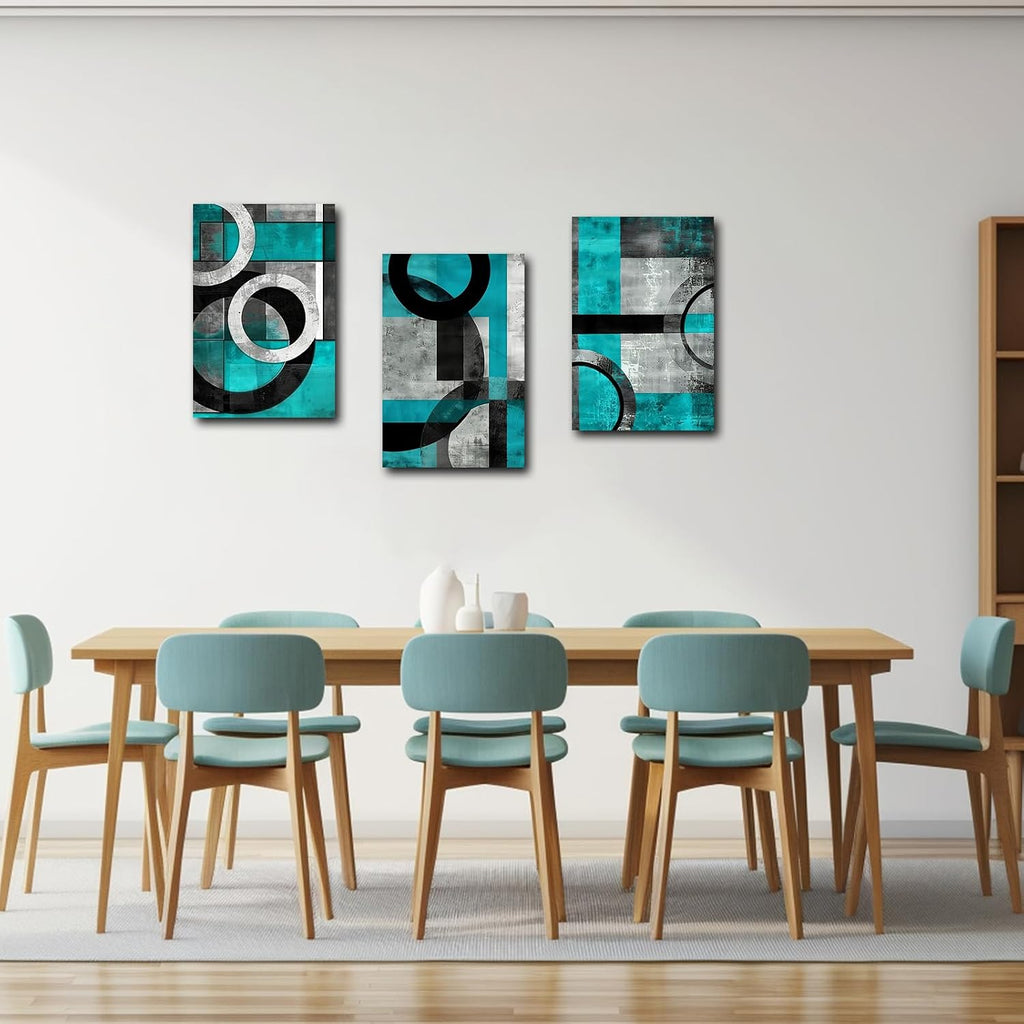 SWQYLB Teal Abstract Wall Art Blue and Gray Canvas Print 3 Pieces Abstract Geometric Circle Black Gray Painting for Home Office Decor Framed (Teal, 24.00' x 36.00' x 3PCS)