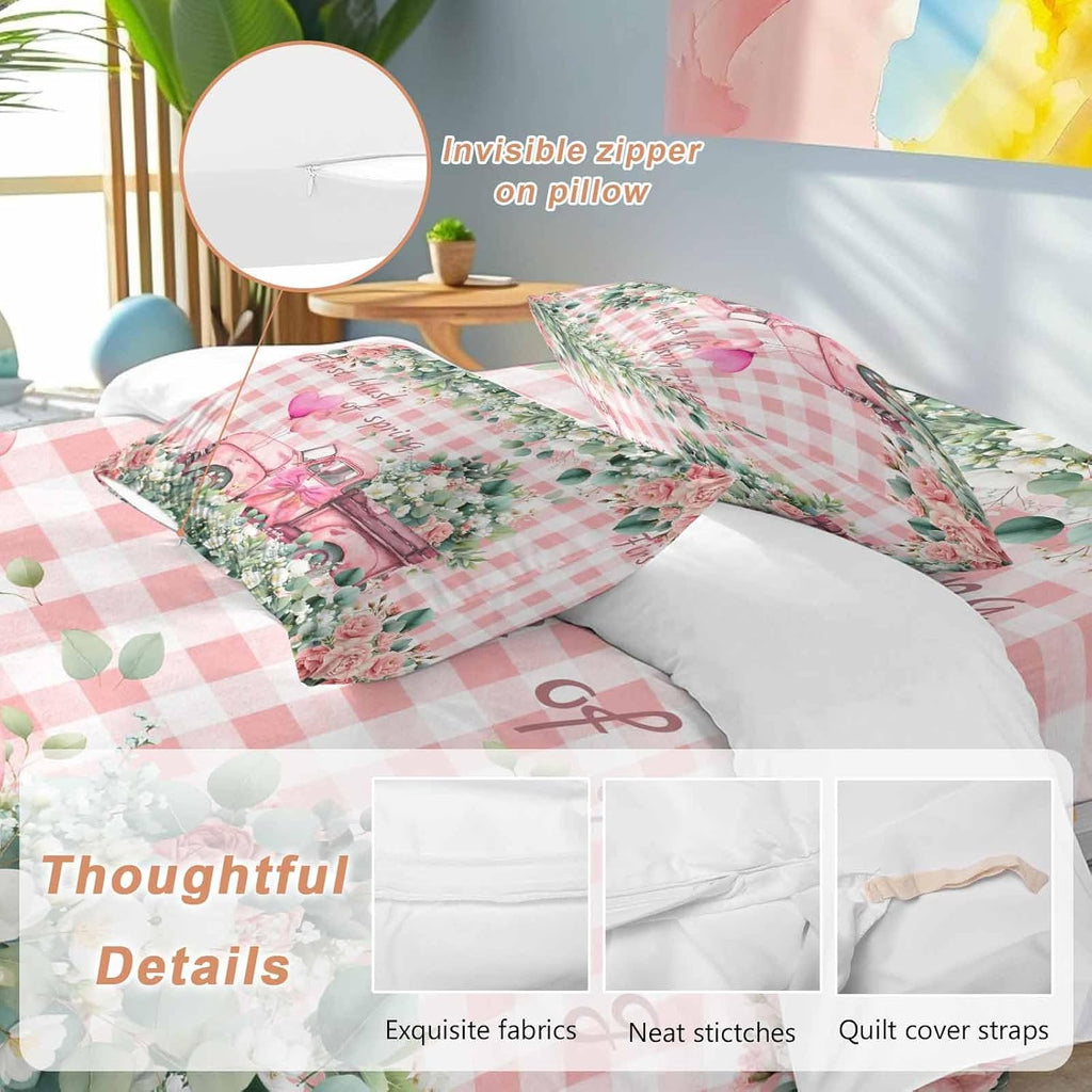 Prime Leader Pink Truck Flowers Duvet Cover Set Queen Size 4 Pieces Spring Rose Green Leaf Pink Plaid Bedding Set with Zipper Closure, 1 Comforter Cover 90x92 Inches 1 Flat Sheet & 2 Pillow Cases
