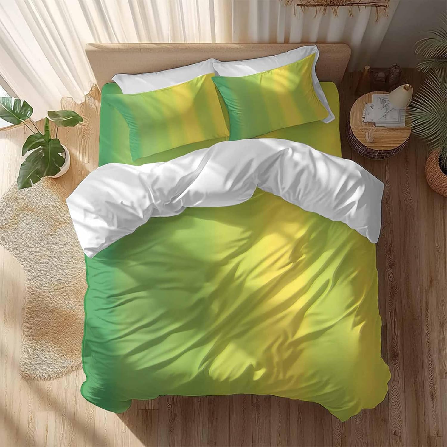 Green and Yellow Ombre Duvet Cover Set Queen Size 4 Pieces Minimalist Gradient Striped Texture Bedding Set with Zipper Closure, 1 Comforter Cover 86x86 Inches 1 Flat Sheet & 2 Pillow Cases