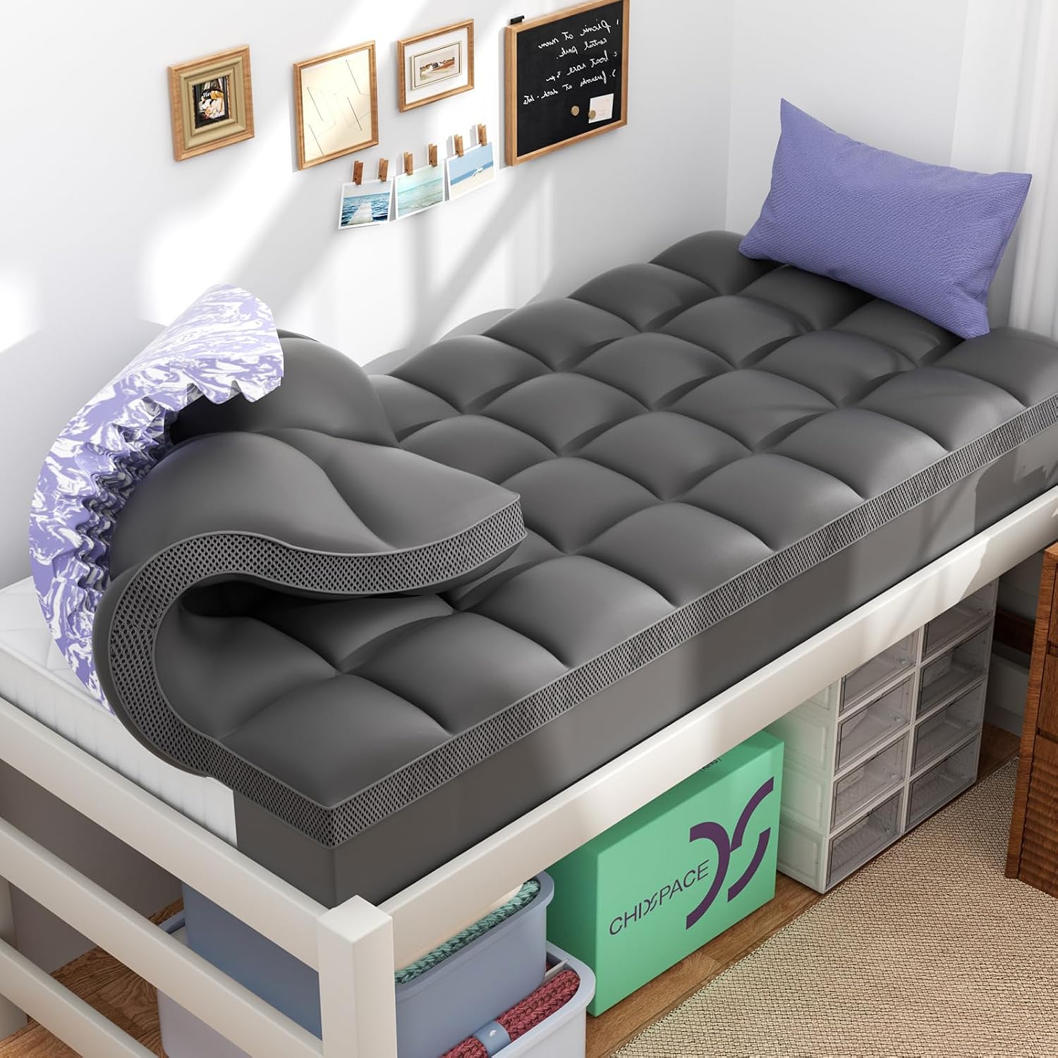 ChiXpace Dual Layer Memory Foam Twin XL Mattress Topper - 3 Inch Cooling Pillow Top Cover Rayon and 2 Inch Gel Egg Crate Foam, Twin XL Extra Long College Dorm Room Essentials (Grey)