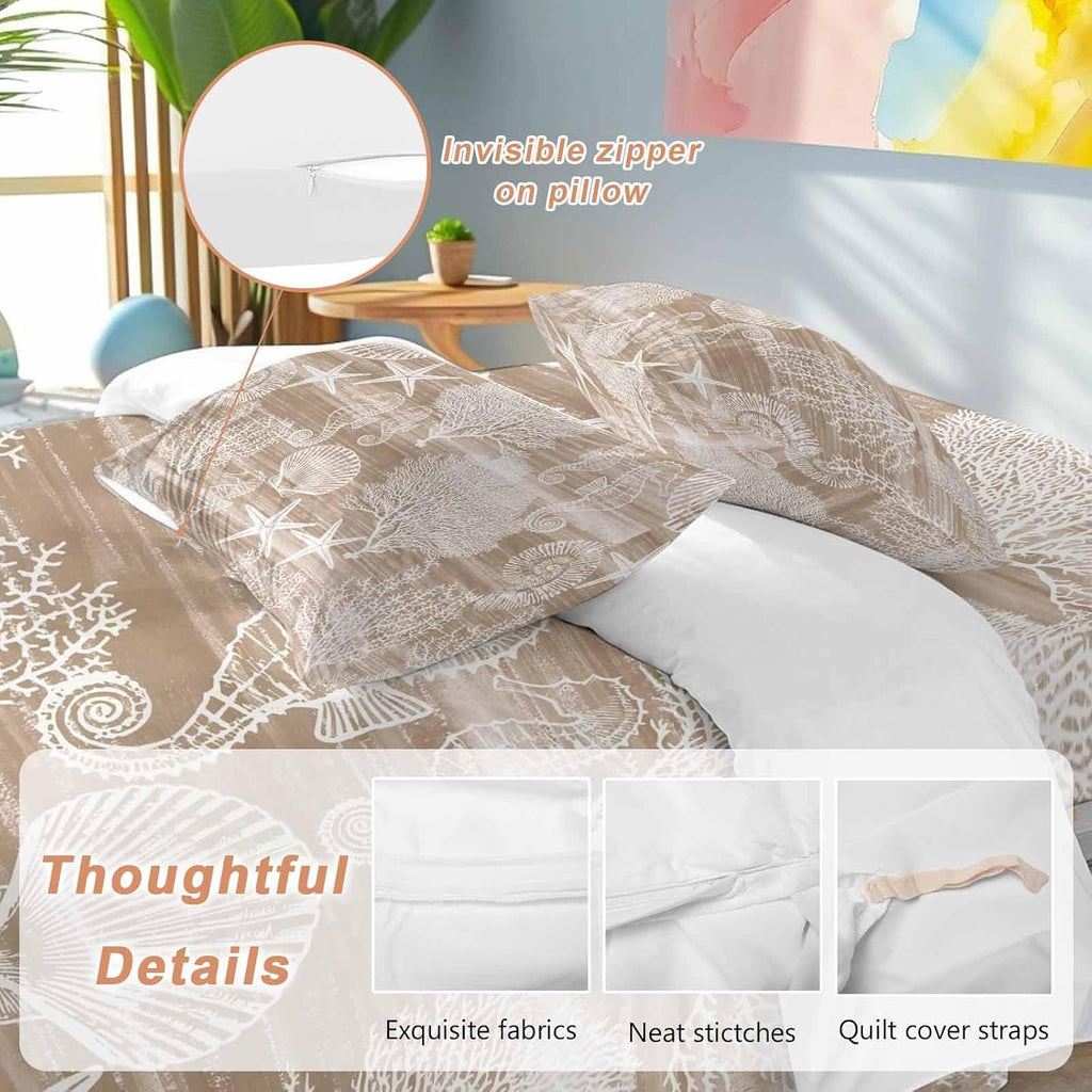 Prime Leader Brown Coastal Duvet Cover Set Queen Size 4 Pieces Nautical Starfish Seahorse Coral Summer Bedding Set with Zipper Closure, 1 Comforter Cover 90x92 Inches 1 Flat Sheet & 2 Pillow Cases