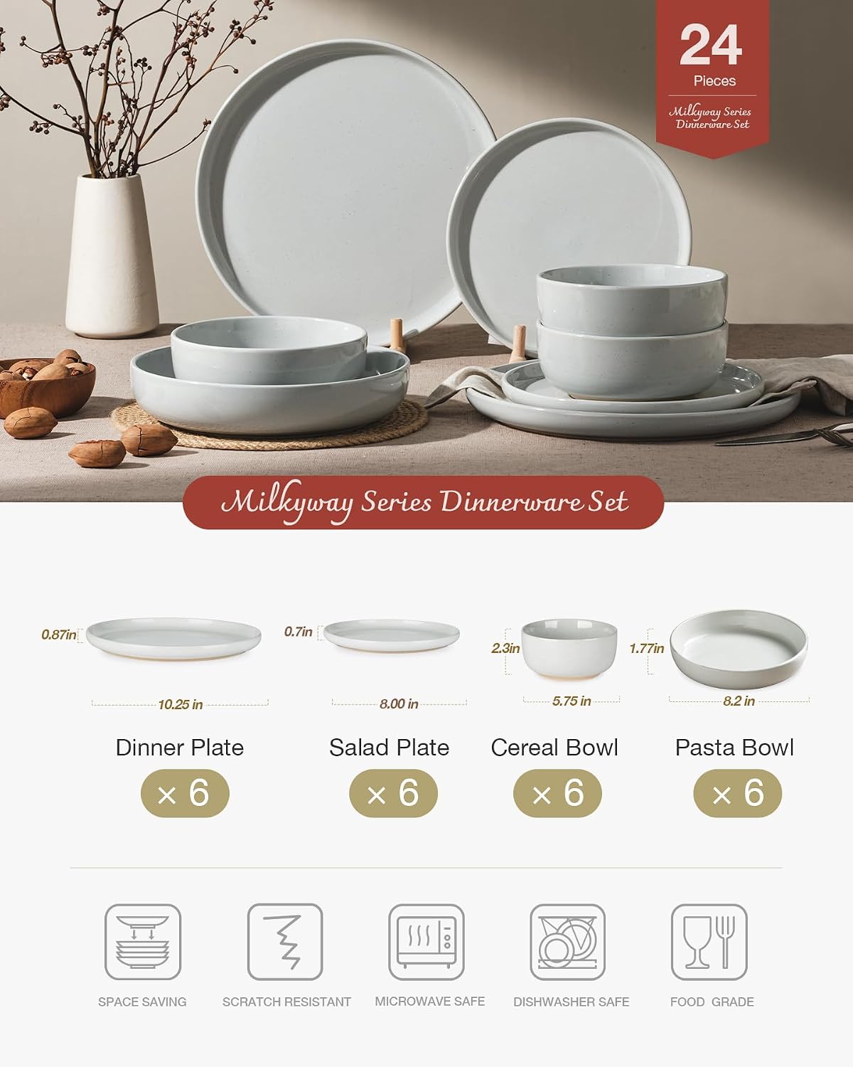 Famiware Milkyway Stoneware Dinnerware Sets with Pasta Bowls, Service for 6 (24 Pieces), Plates and Bowls Sets -Scratch Resistant, Microwave and Dishwasher Safe Dishes Set, Light Gray