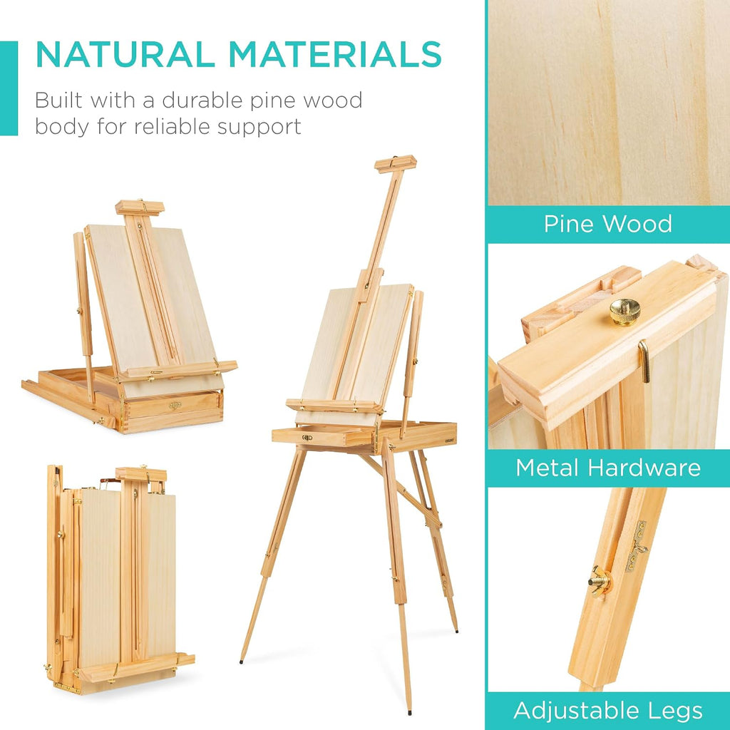 Best Choice Products Art Easel for Painting, Portable Wooden Adjustable Artist Tripod with Sketch Box, 32-Piece Art Set with Acrylic Paints, Brushes, Canvases & Palette - Natural