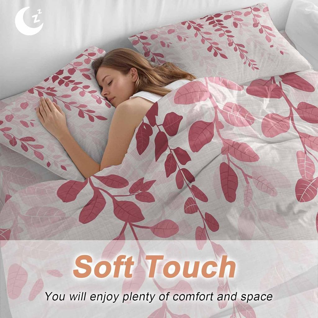 Prime Leader Plants Gradient Duvet Cover Set Queen Size 4 Pieces Pink Leaves Farmhouse Style Bedding Set with Zipper Closure, 1 Comforter Cover 92x106 Inches 1 Flat Sheet & 2 Pillow Cases