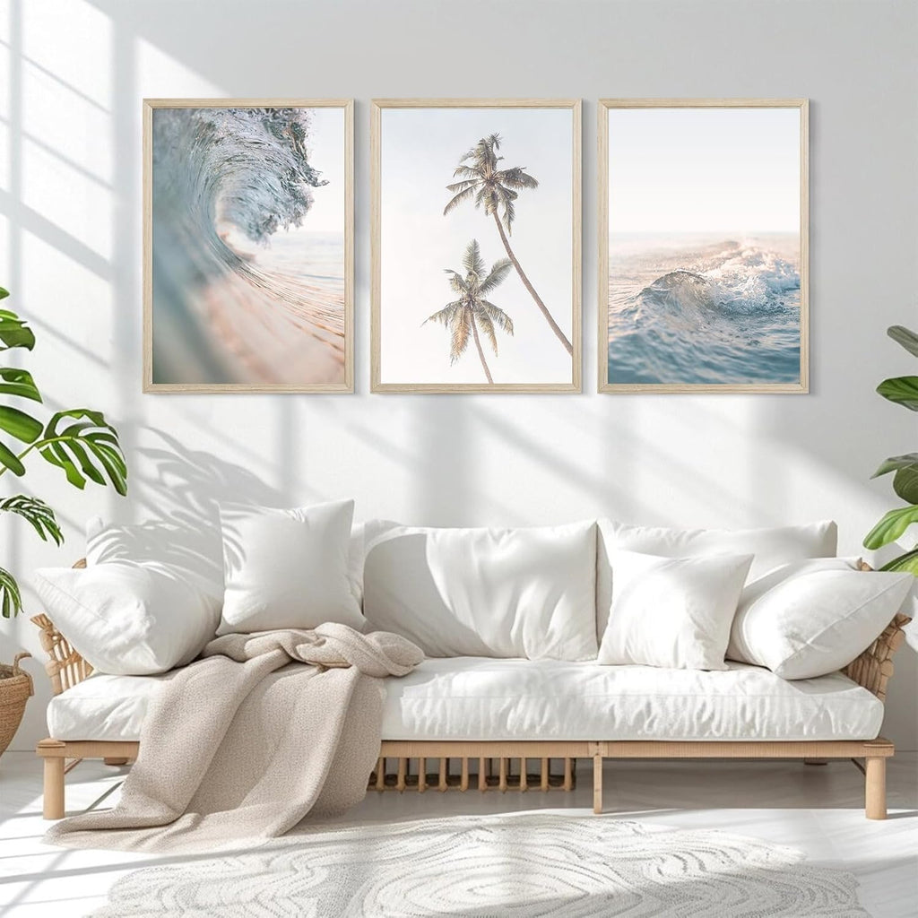 Lhoiplme Beach Wall Art Decor Coastal Ocean Poster Palm Tree Canvas Wall Decor Beachy Room Aesthetic Pictures Blue Waves Prints Beach Coasta Artwork for Bedroom Living Room 24x36 Inch Framed Set of 3