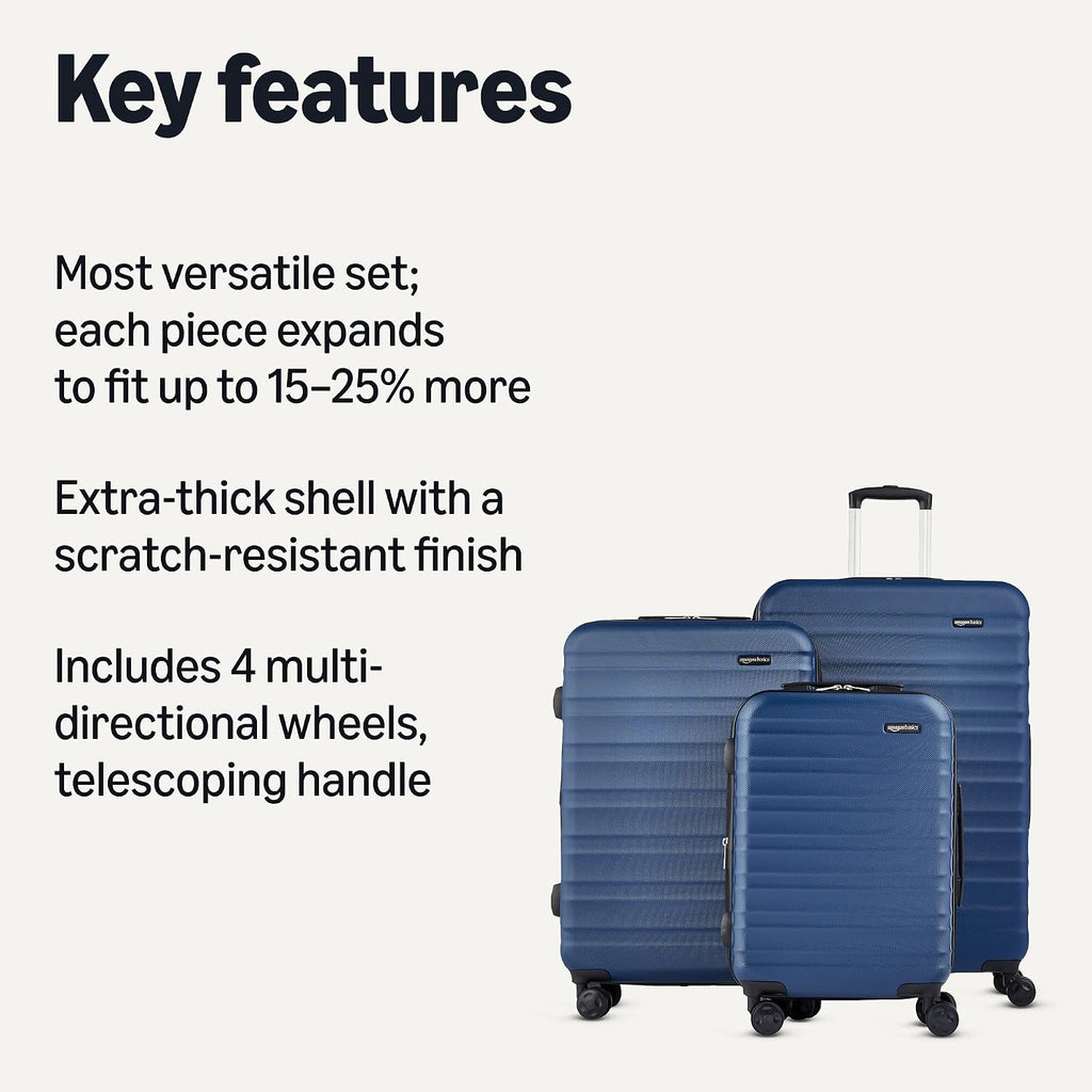 Amazon Basics 3-Piece Hardside Expandable Luggage Set (21' Carry-On, 26', 30'), Spinner Suitcases with Multi-directional Wheels, Scratch-Resistant Surface, Navy Blue