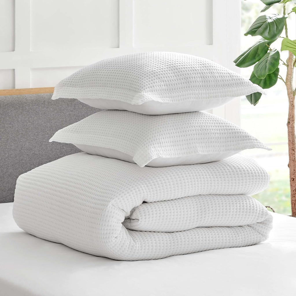 Levtex Home Mills Waffle King Duvet Cover Set (106x94in) with 2 Pillow Shams (36x20in) - Bright White - Cotton King Size Duvet Cover Set - Soft, Pre-Washed