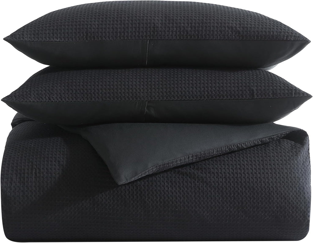 Vera Wang - Queen Comforter Set, Luxury Cotton Bedding Set with Matching Shams, Chic Room Essentials (Waffle Pique Black, Queen)