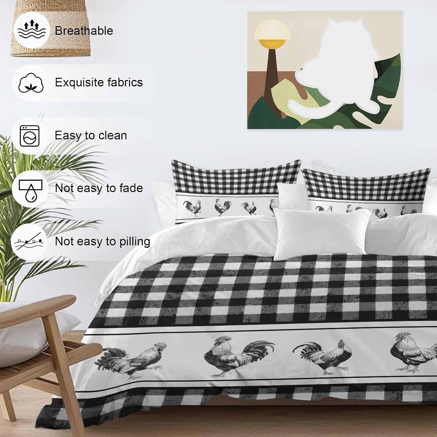 Prime Leader Vintage Black Plaid Duvet Cover Set Queen Size 4 Pieces Farm Cock Chicken Animal Watercolor Bedding Set with Zipper Closure, 1 Comforter Cover 90x92 Inches 1 Flat Sheet & 2 Pillow Cases