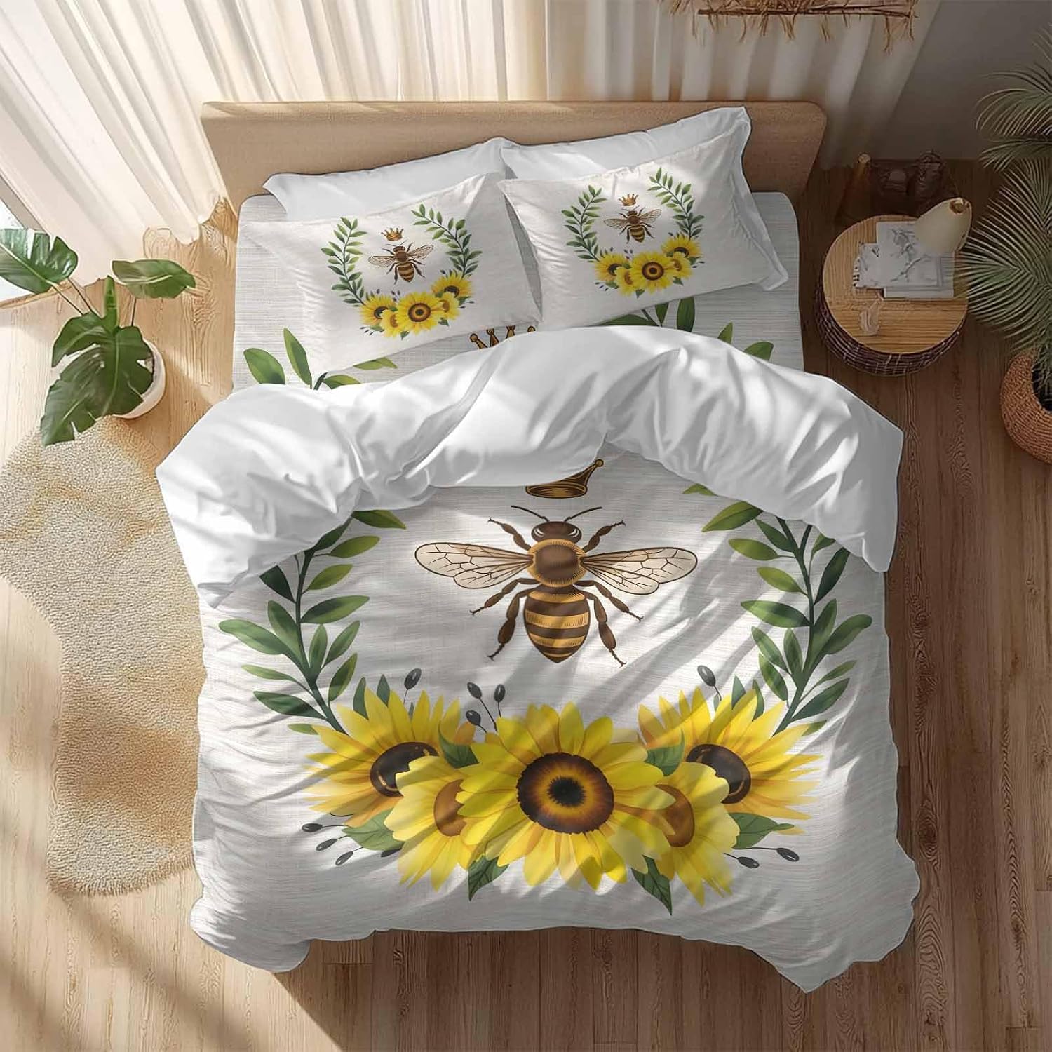 Retro Crown Bee Duvet Cover Set Queen Size 4 Pieces Country Sunflowers Green Leaves Wood Grain Bedding Set with Zipper Closure, 1 Comforter Cover 92x106 Inches 1 Flat Sheet & 2 Pillow Cases