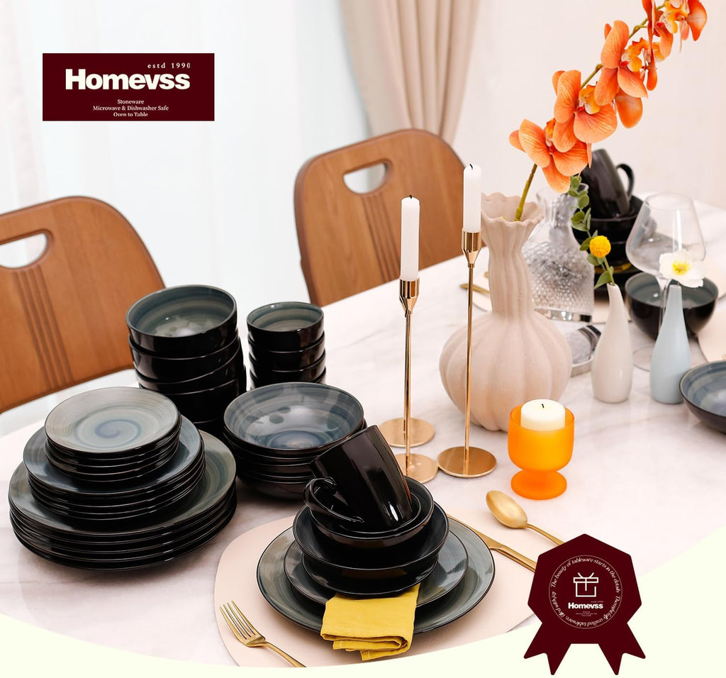 Stoneware Sonoma Dinnerware Set, Black + Speckled Spin Wash (56pc Set, Blue)