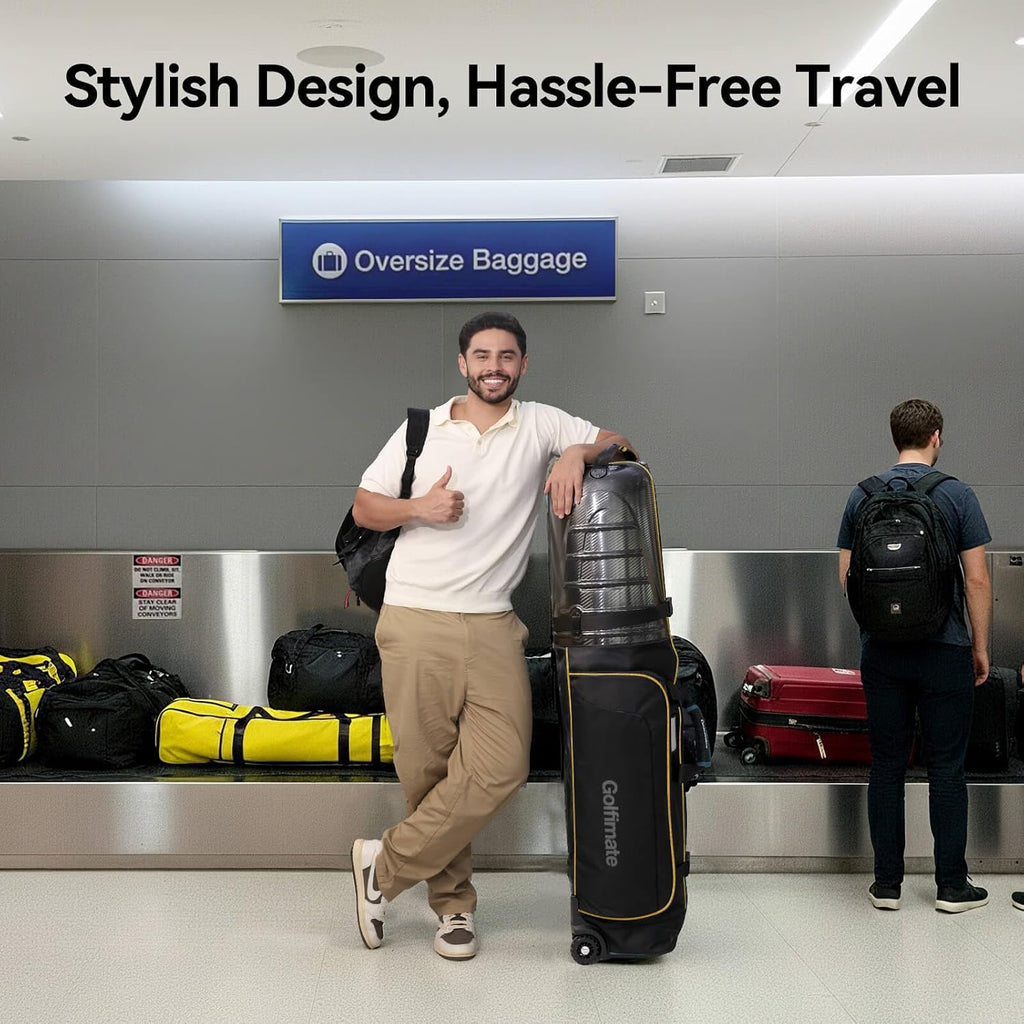 Golf Travel Bags for Airlines with Carbon Fiber Hard Top, Protective Club Traveling Cover with Wheel, Golf Club Carrier Case for Airplanes, Thick Padding, Durable Zippers and 2 Sided Spacious Pockets