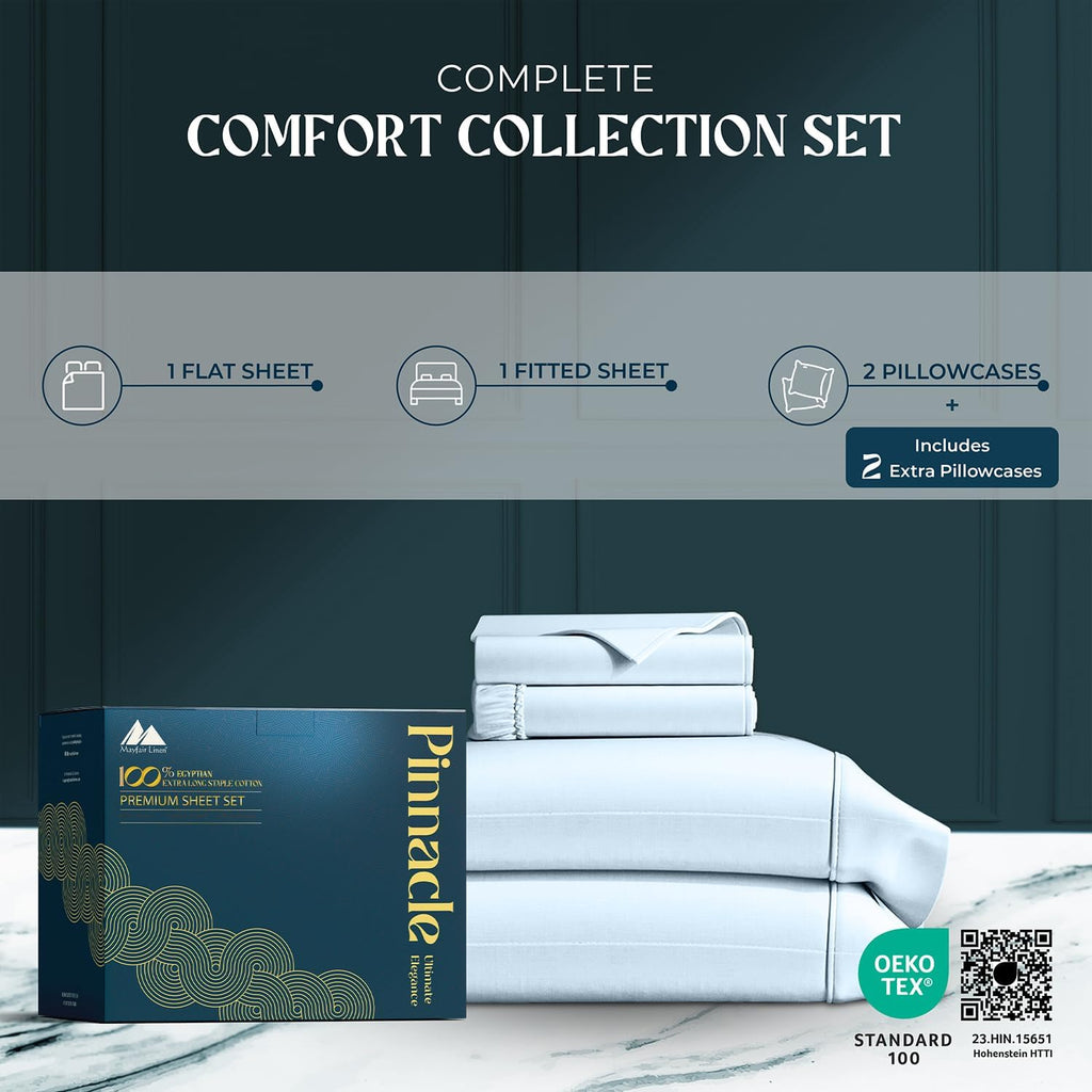 Mayfair Linen 100% Egyptian Cotton Sheets Queen Size - 1500 Series Queen Size Sheets Set Egyptian Cotton, Luxury Bedsheet (Light Blue, 4 PC), Soft, Cooling, 17' Deep Pocket Sateen Weave Bedsheet Set