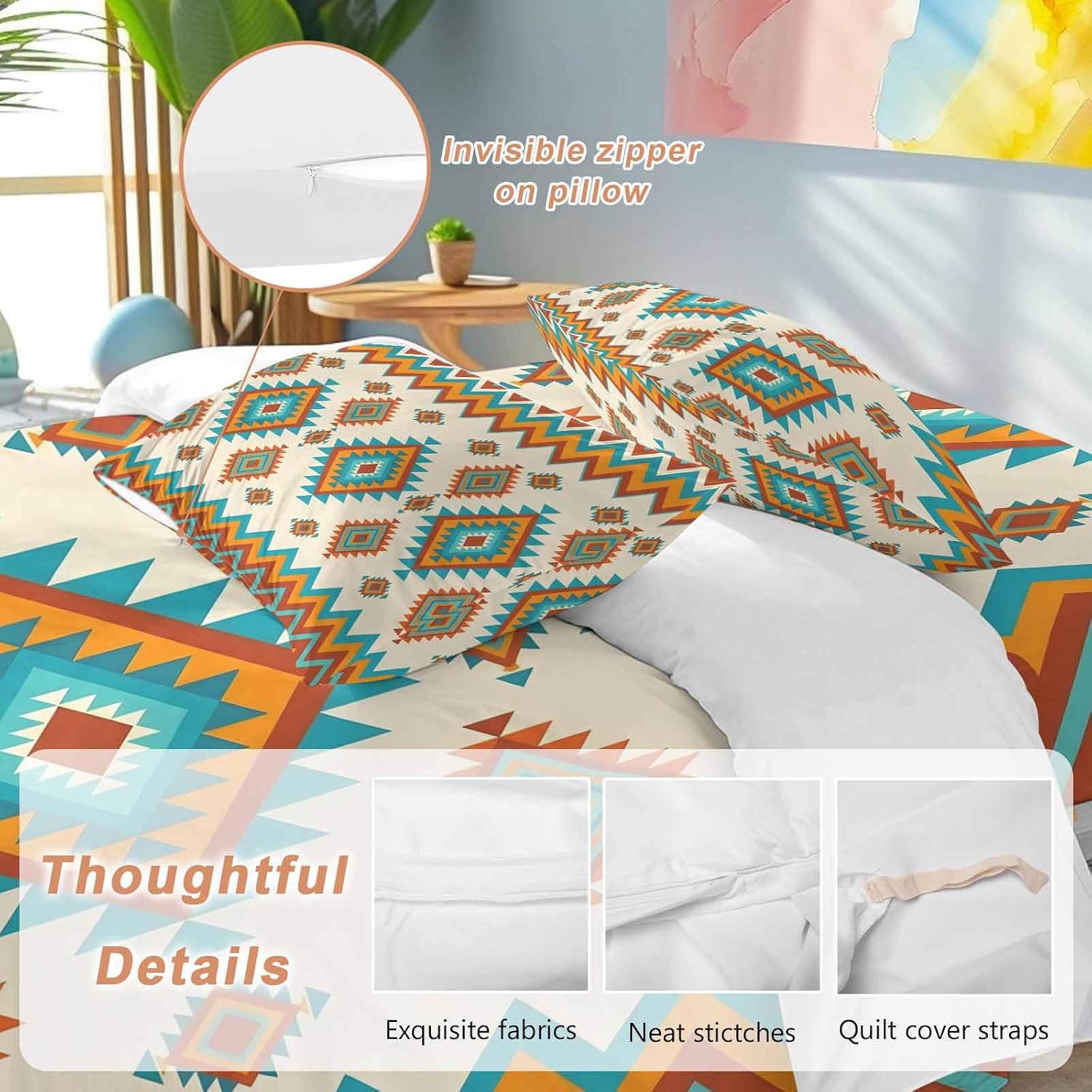 Prime Leader Bohemia Geometric Duvet Cover Set Queen Size 4 Pieces Western Teal Orange Beige Aztec Ethnic Bedding Set with Zipper Closure, 1 Comforter Cover 86x86 Inches 1 Flat Sheet & 2 Pillow Cases