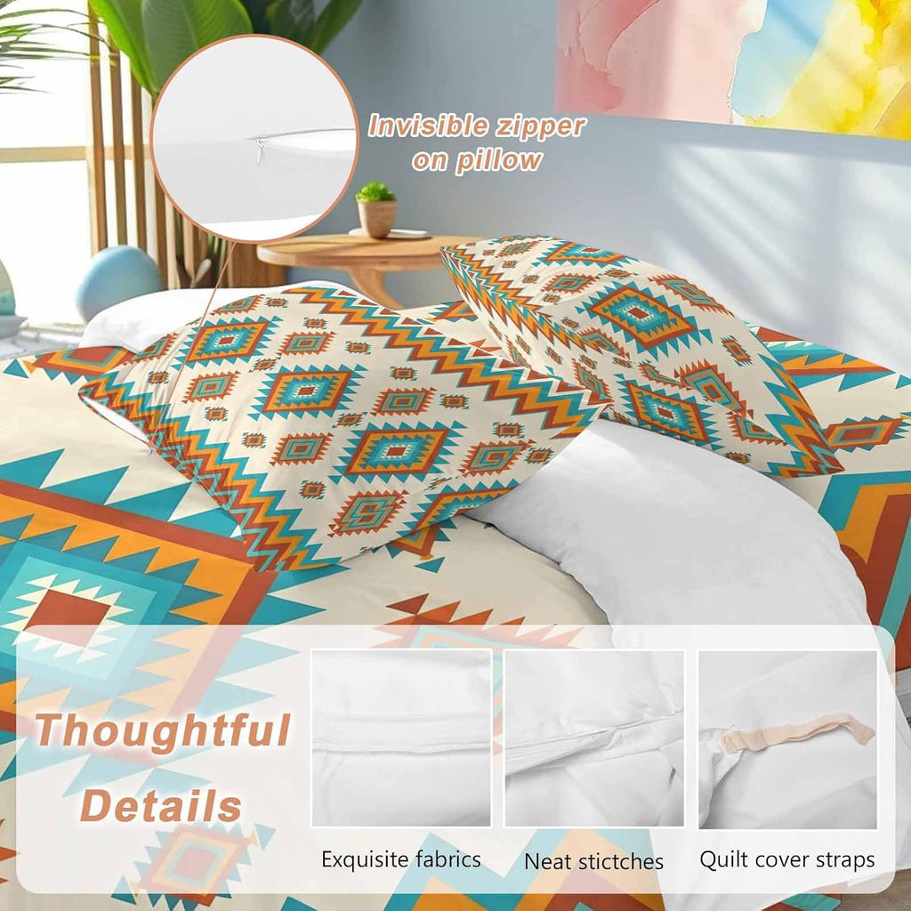 Prime Leader Bohemia Geometric Duvet Cover Set Queen Size 4 Pieces Western Teal Orange Beige Aztec Ethnic Bedding Set with Zipper Closure, 1 Comforter Cover 90x92 Inches 1 Flat Sheet & 2 Pillow Cases