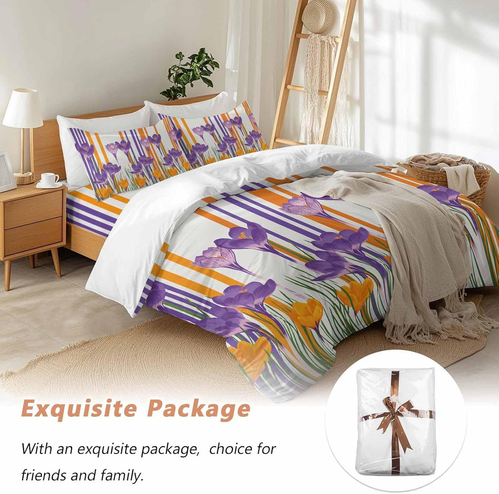 Spring Floral Duvet Cover Set Queen Size 4 Pieces Purple Yellow Gradient Flowers Colorful Stripe Bedding Set with Zipper Closure, 1 Comforter Cover 92x106 Inches 1 Flat Sheet & 2 Pillow Cases