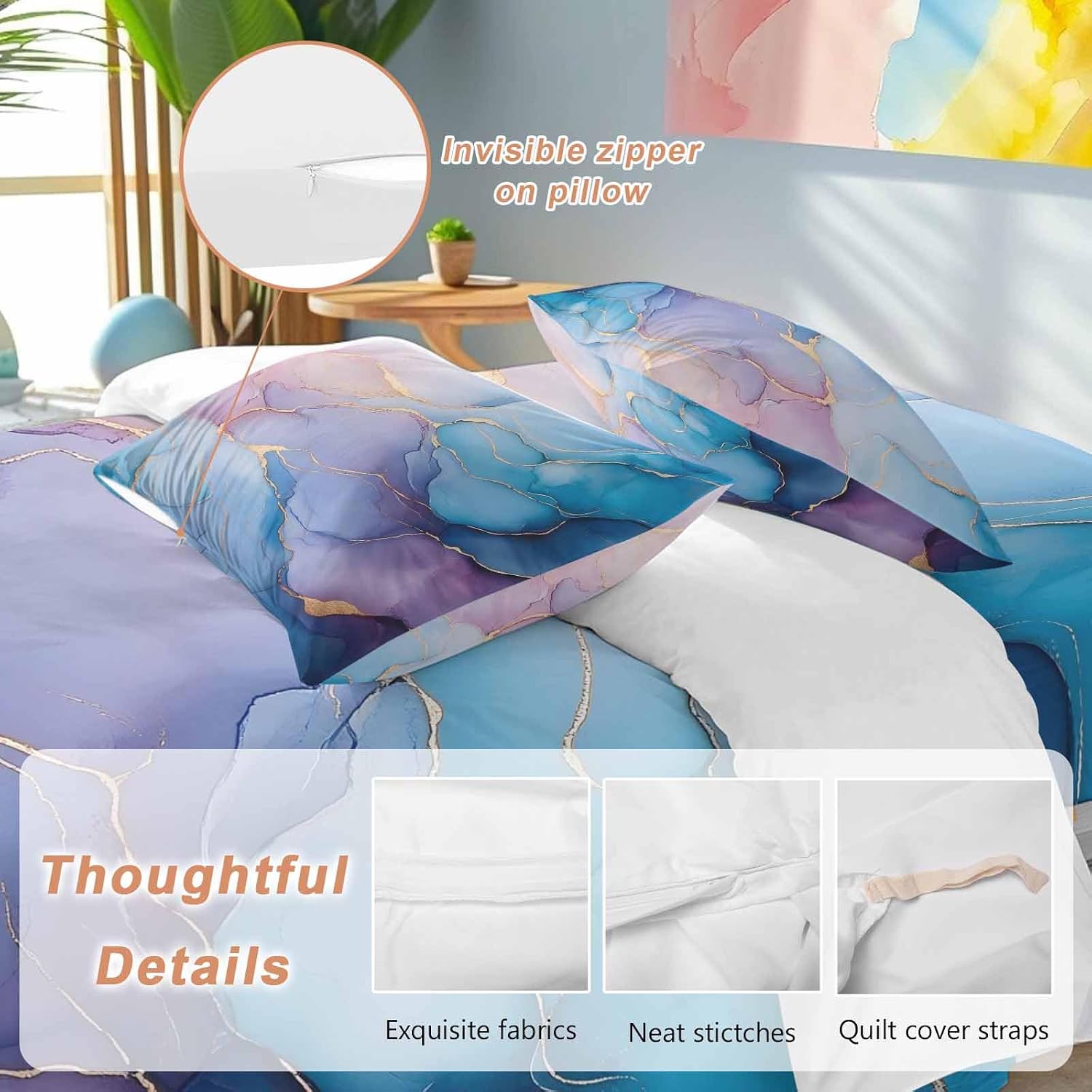 Prime Leader Abstract Impressionist Duvet Cover Set Queen Size 4 Pieces Blue Marble Texture Bedding Set with Zipper Closure, 1 Comforter Cover 90x92 Inches 1 Flat Sheet & 2 Pillow Cases
